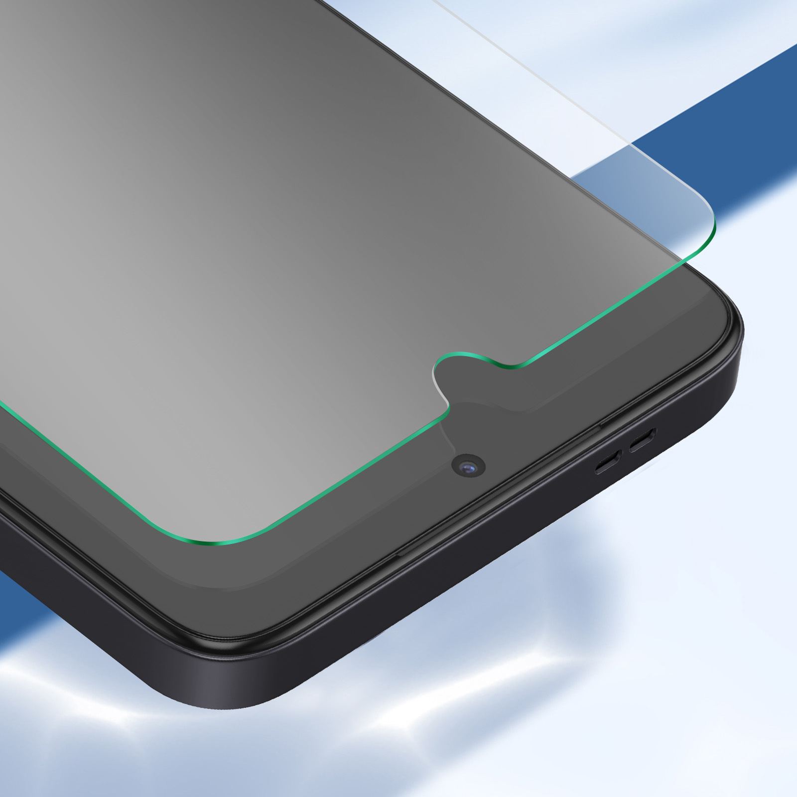 Uno smartphone con protezione schermo. Il telefono è nero, con una protezione schermo con bordo verde. Lo sfondo è blu.