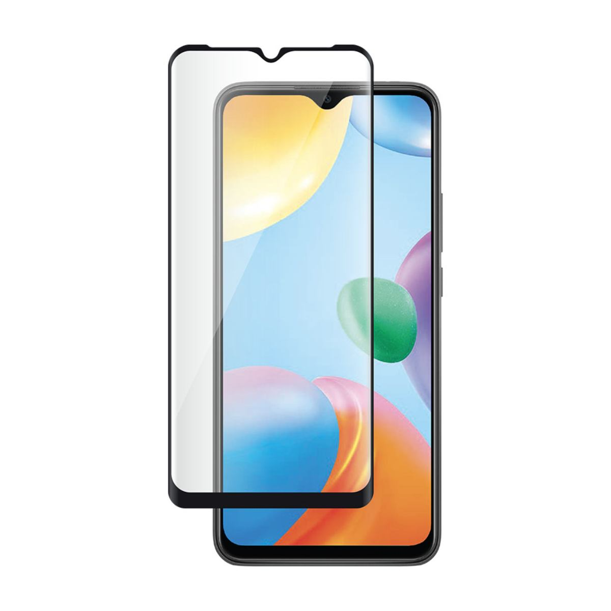 Un smartphone avec un protecteur d'écran. Le téléphone affiche un arrière-plan coloré avec des teintes orange, vertes et bleues. Le protecteur est transparent.