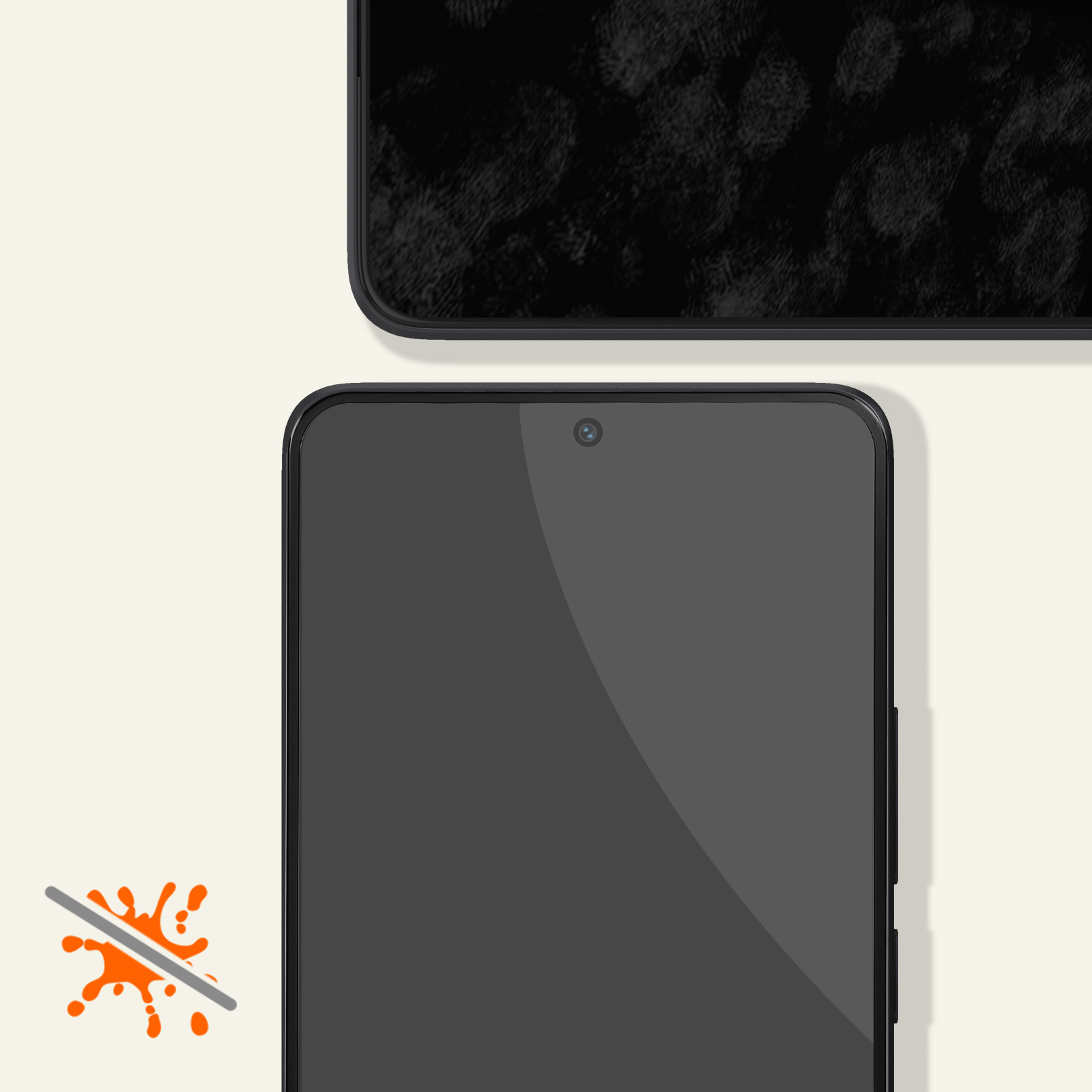 Due smartphone, uno con impronte digitali, l'altro pulito. Icona spruzzo arancione con barra obliqua, su sfondo crema.