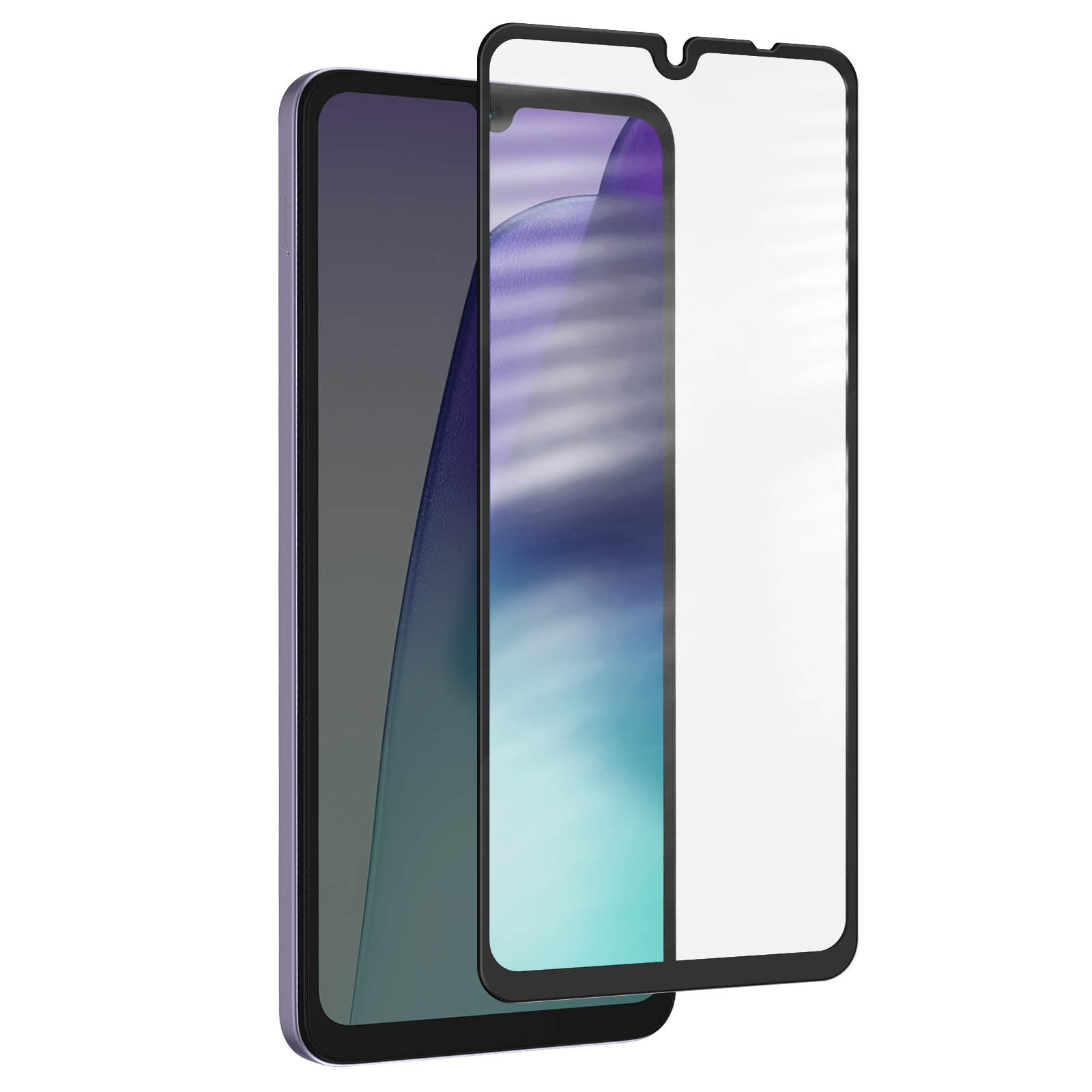 Uno smartphone con protezione schermo. Il telefono è viola, la protezione trasparente. Lo schermo mostra una sfumatura.