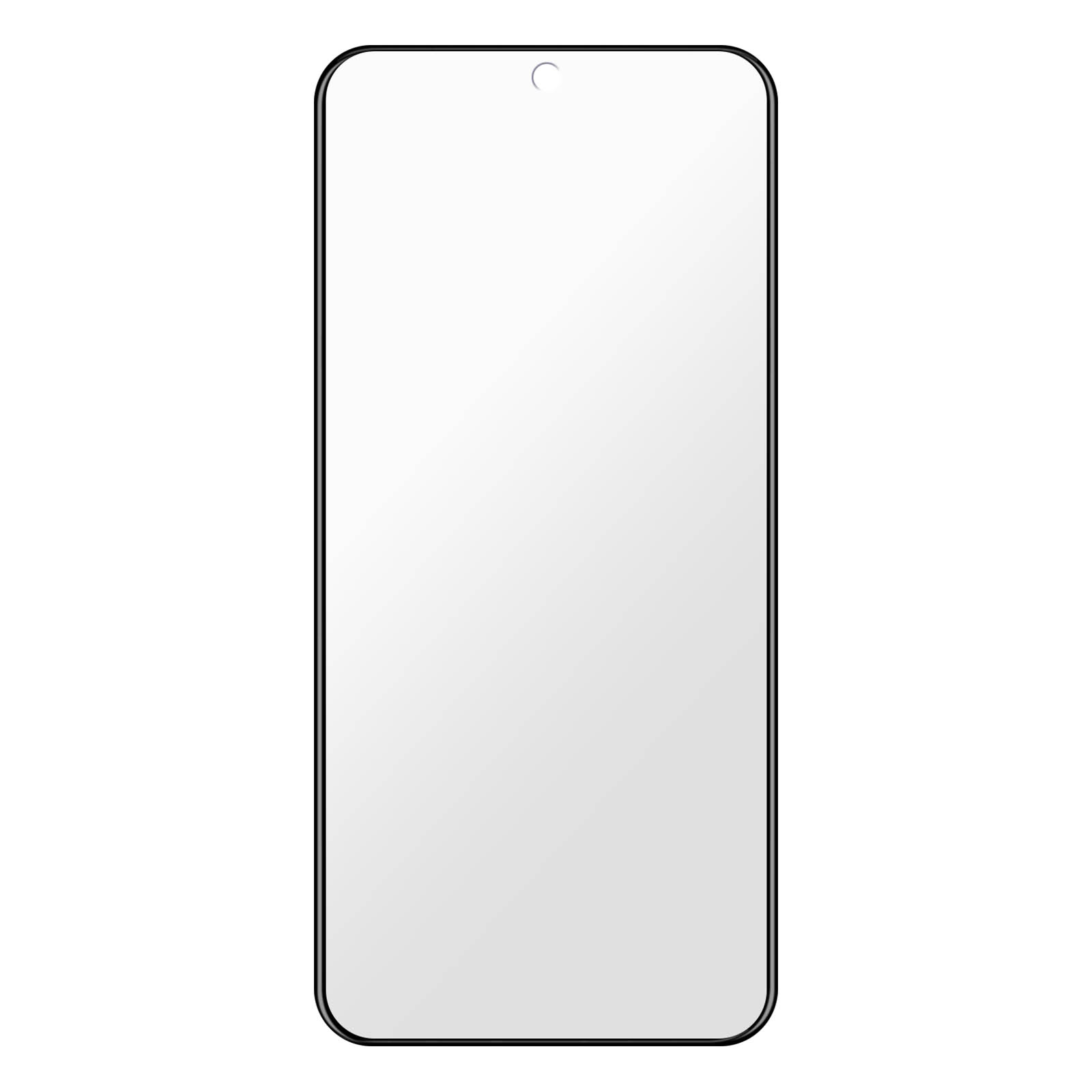 Un proteggi schermo rettangolare per smartphone con bordi neri, angoli arrotondati e un ritaglio per la fotocamera in alto.