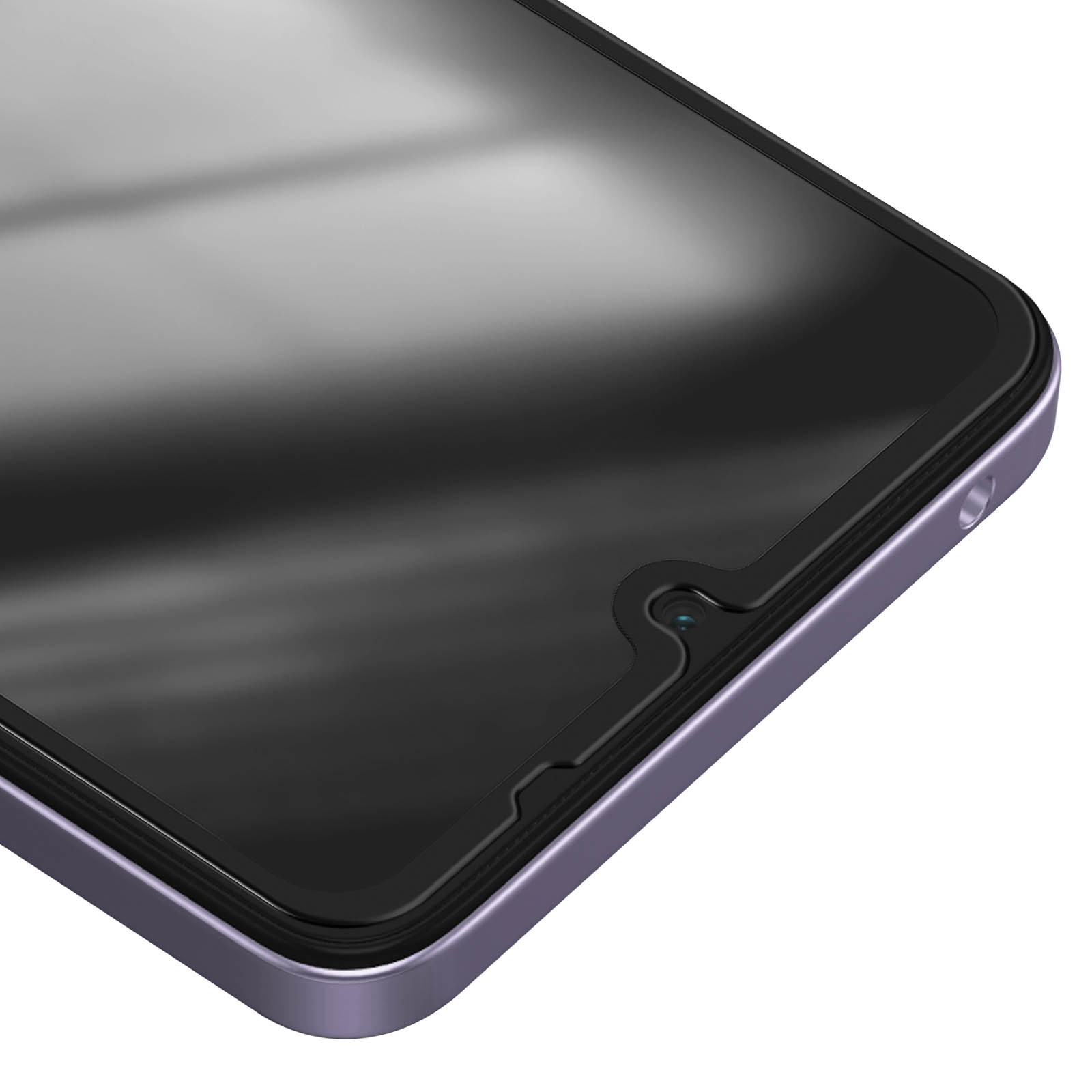 Primo piano dello schermo di uno smartphone. Lo schermo è nero con un ritaglio per la fotocamera. Il telefono ha una cornice viola e uno sfondo bianco.