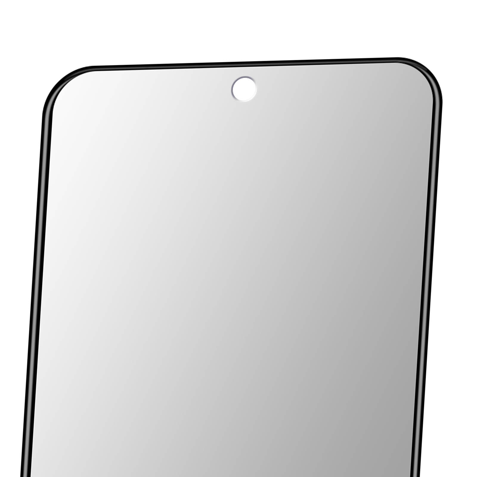 Un proteggi schermo per smartphone, con un bordo nero e un piccolo ritaglio circolare per la fotocamera frontale.