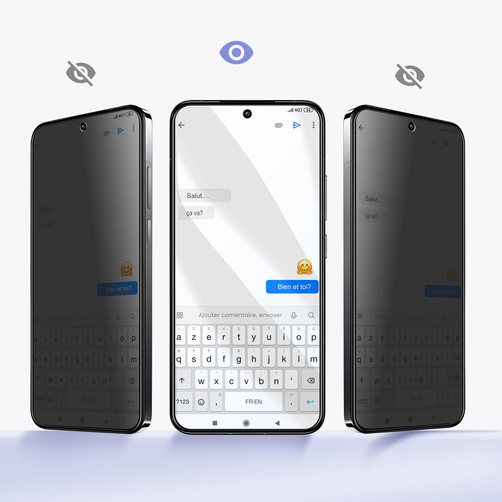 Tre smartphone. Quello centrale mostra una conversazione di testo. Gli altri sono sfocati. Sono presenti icone a forma di occhio.