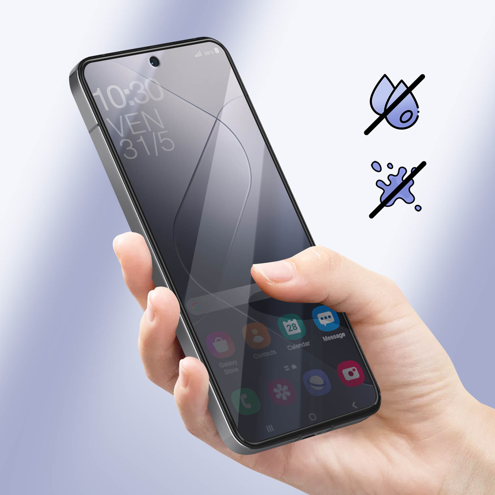 Mano che tiene uno smartphone, ora 10:30, icone sullo schermo. Simboli di acqua e schizzi sbarrati sullo sfondo.