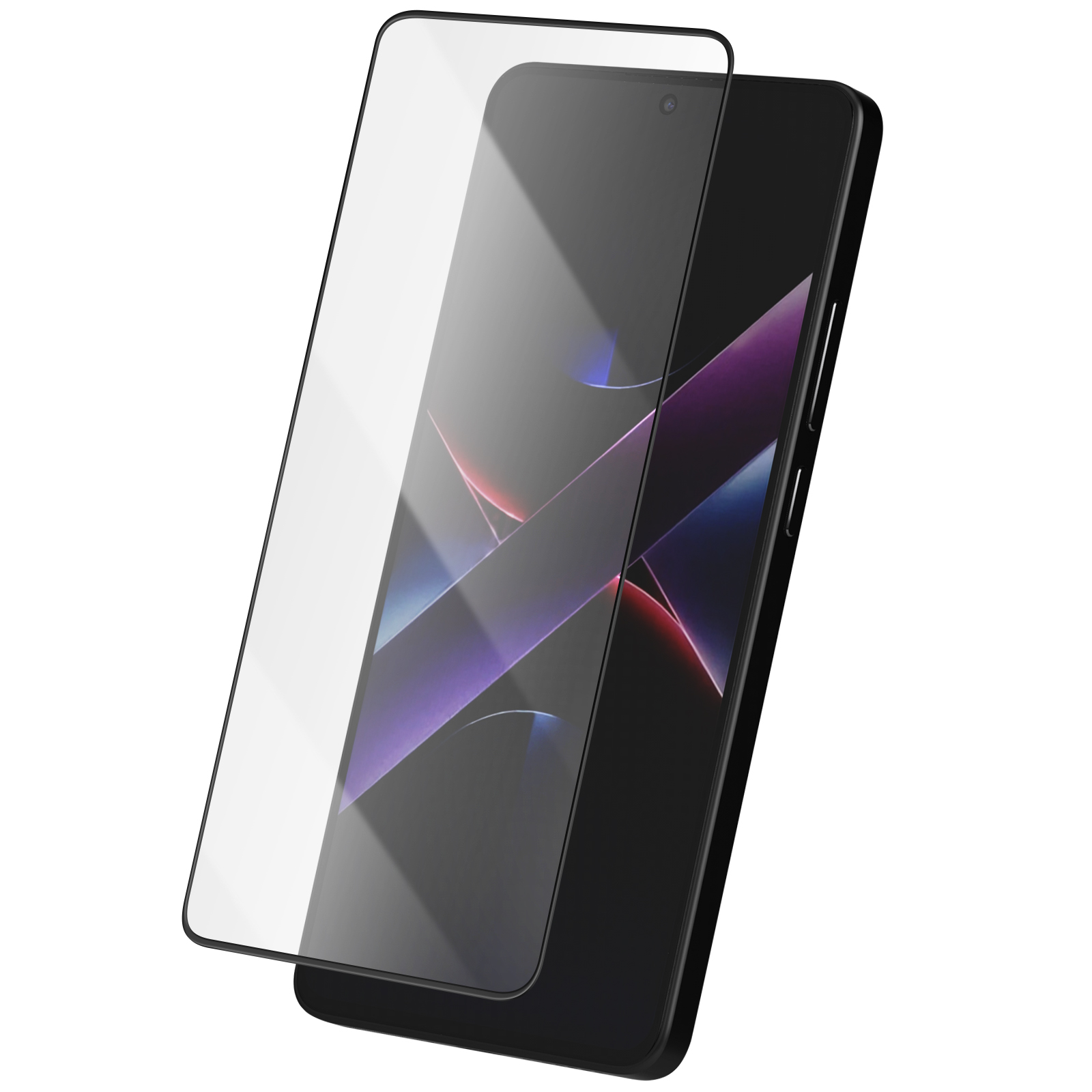 Smartphone nero con protezione schermo. Lo schermo mostra forme astratte in viola, rosso e blu. Sfondo bianco.