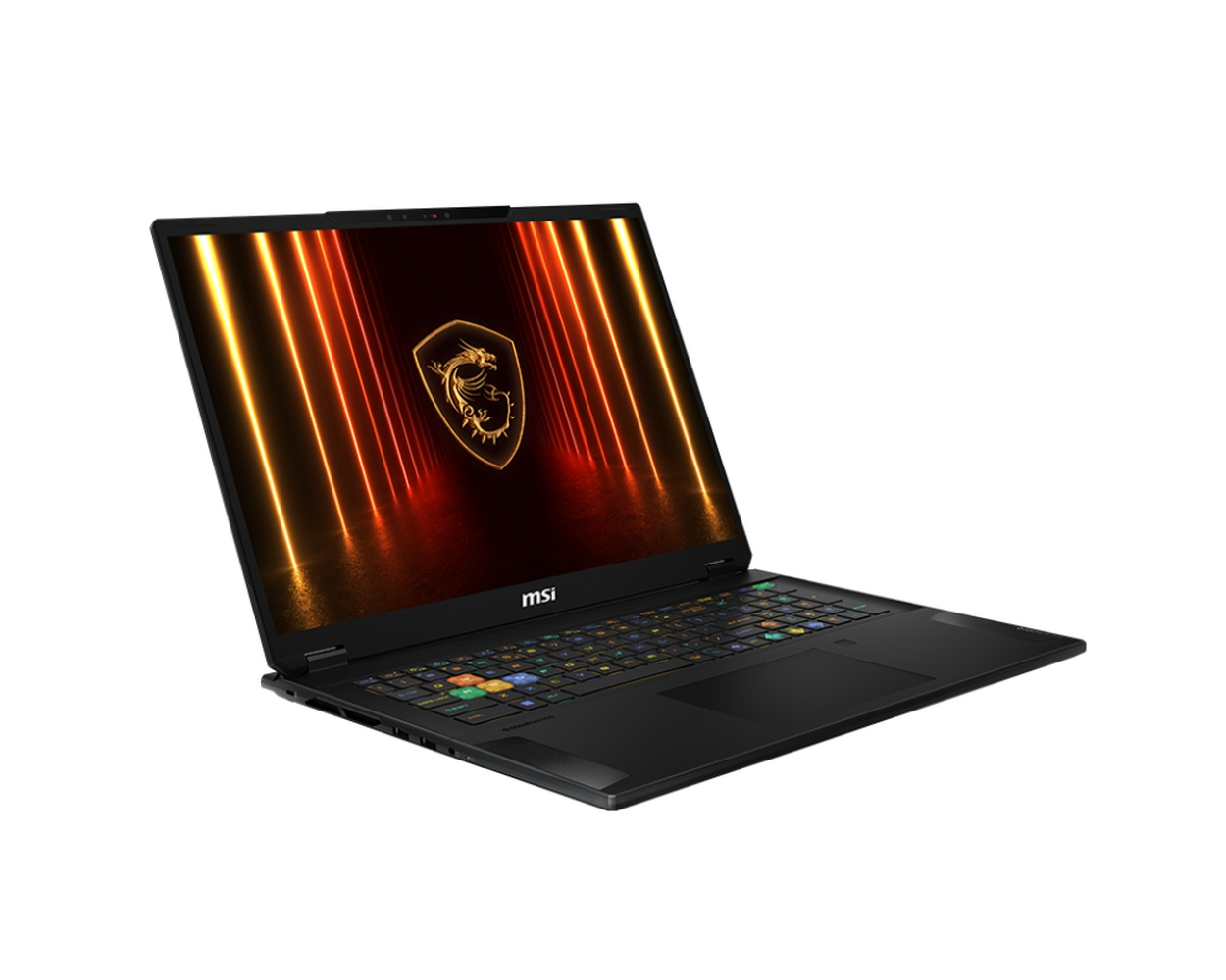 Laptop MSI nero, aperto. Lo schermo mostra un logo del drago con effetti di luce arancione e gialla. Tastiera visibile.