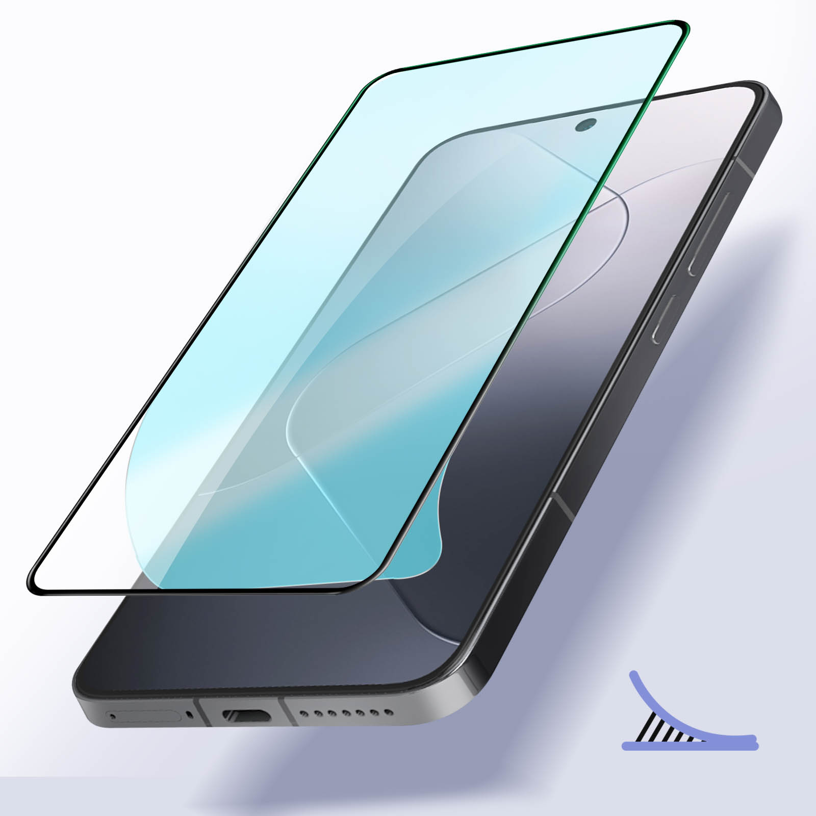 Un telefono con una protezione per lo schermo applicata. La protezione è trasparente e bluastra. Il telefono è nero e argento.