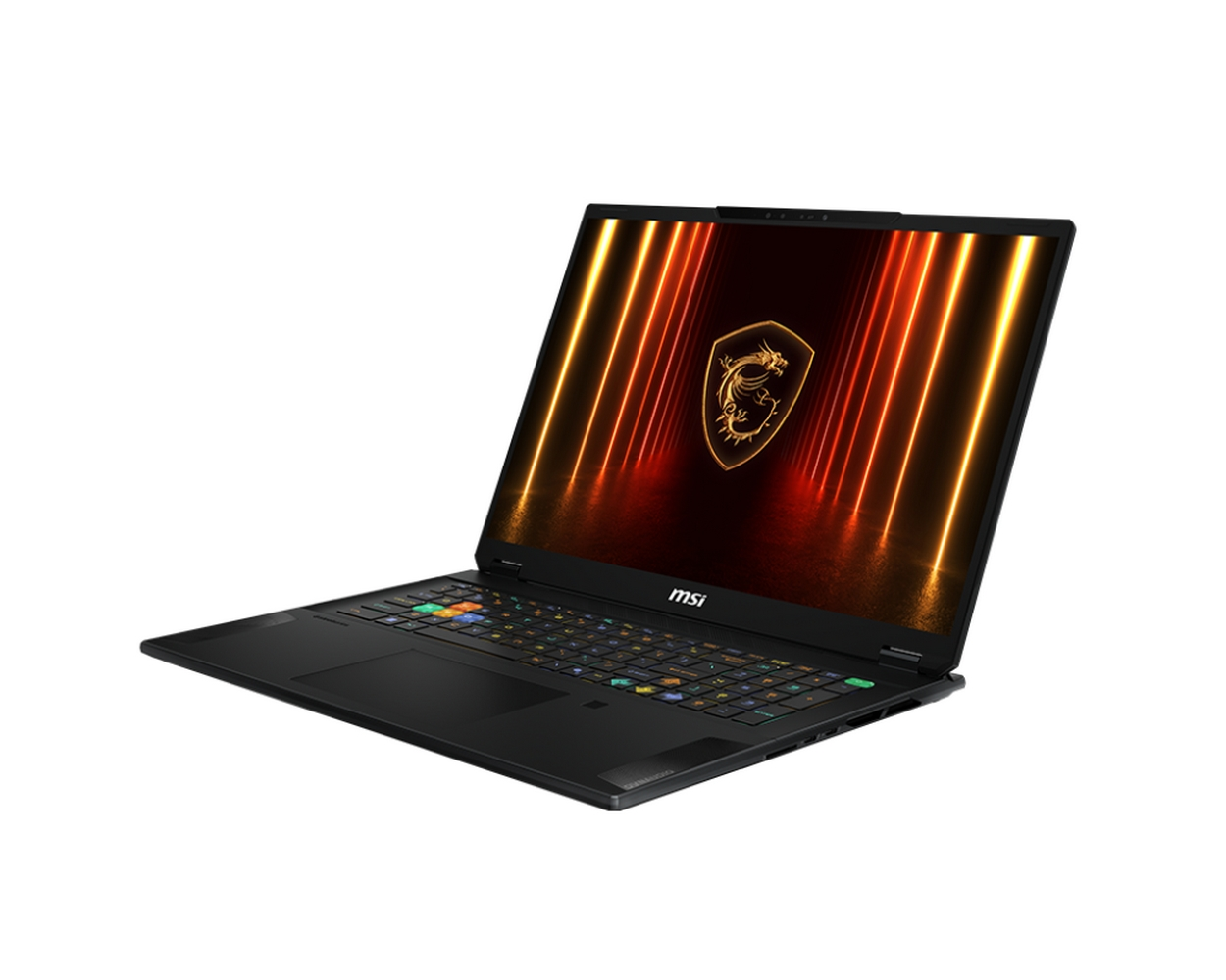 Un laptop MSI nero è aperto, con un logo sullo schermo. La tastiera è visibile. Lo sfondo è bianco.