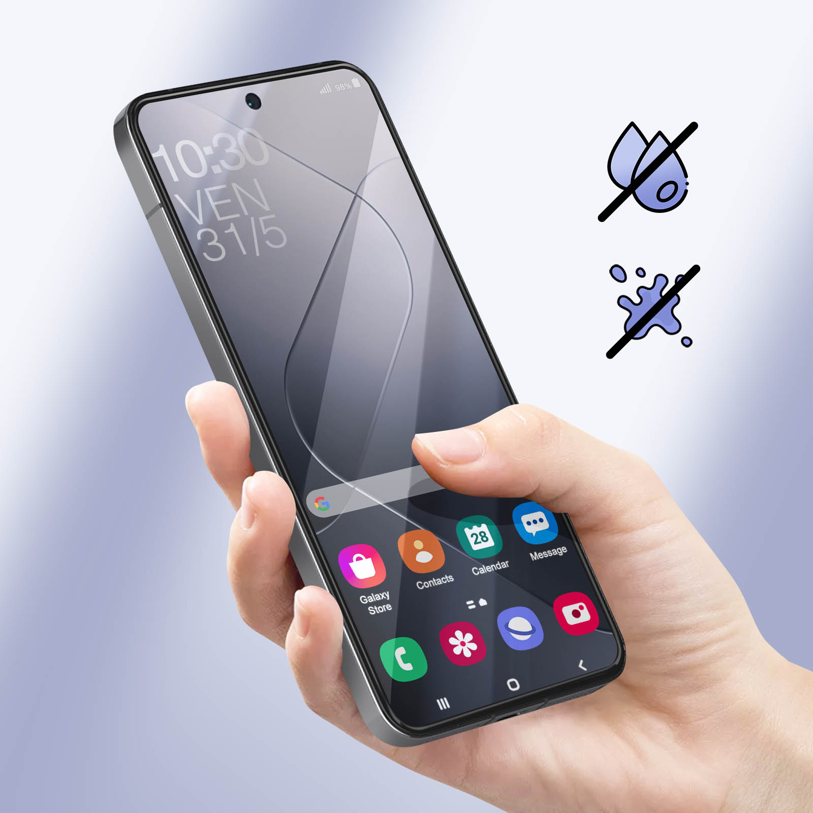 Mano che tiene uno smartphone. Lo schermo mostra icone. I simboli di acqua e spruzzi sono sbarrati.