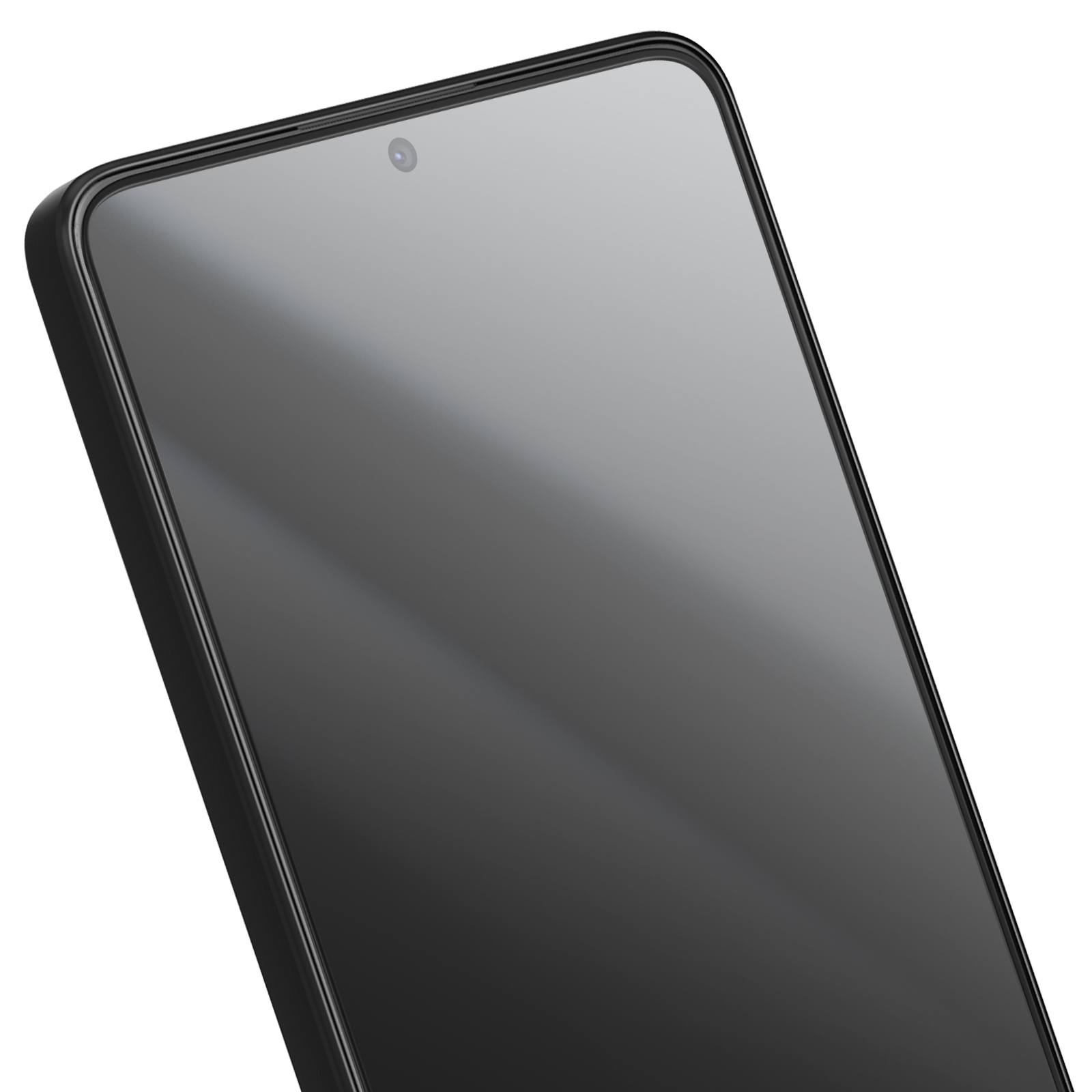 Primo piano di uno smartphone nero. Lo schermo è acceso, mostra un riflesso grigio scuro. Una fotocamera è visibile in alto.