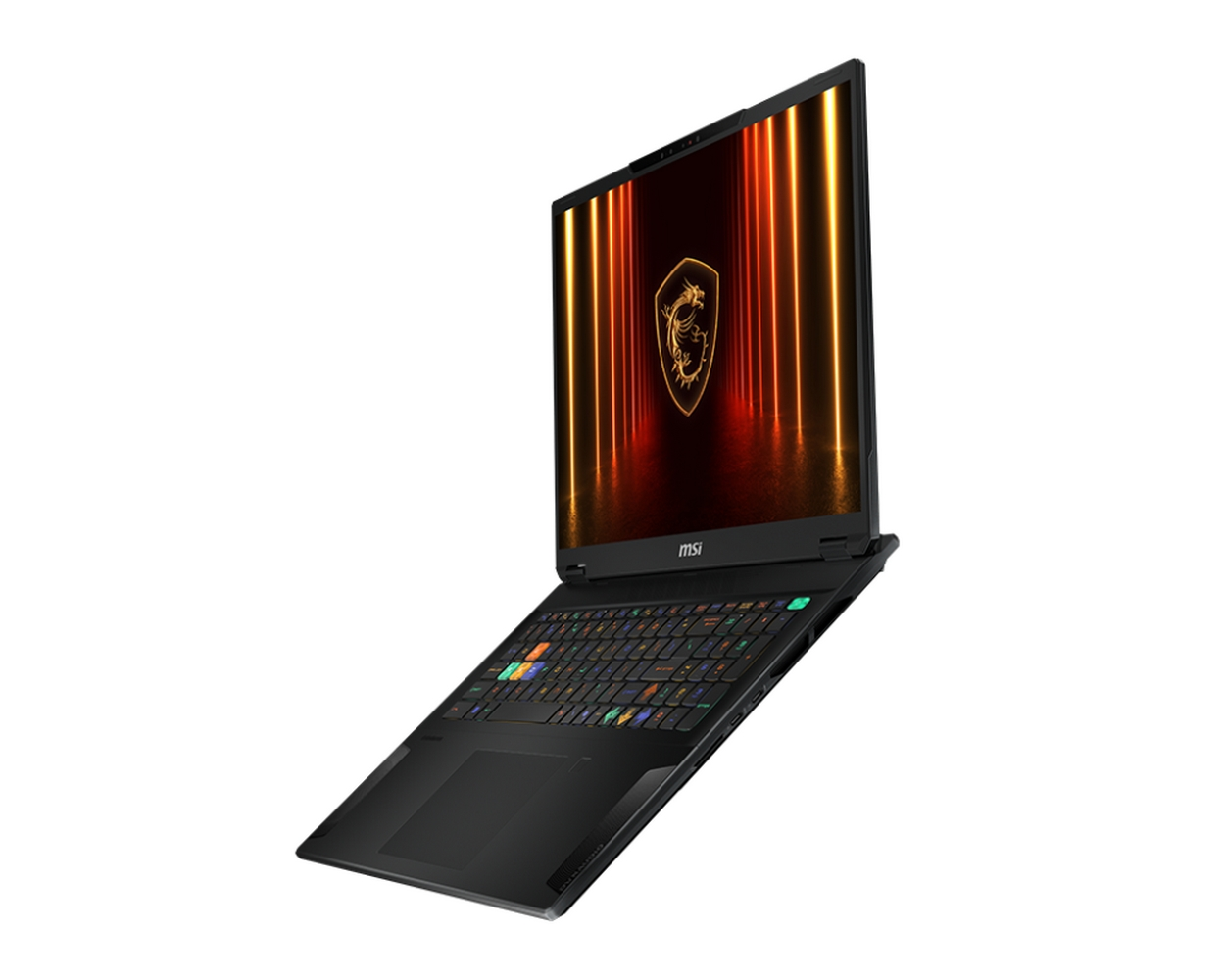 Computer portatile nero con schermo aperto che mostra un logo. Tastiera visibile. Vista angolata su sfondo bianco.