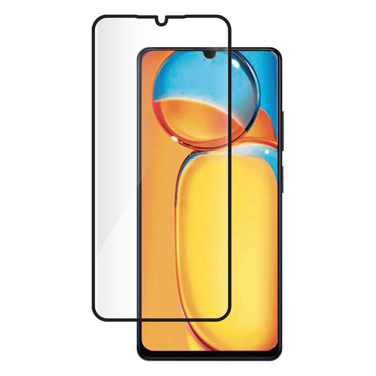 Un protecteur d'écran en verre trempé à côté d'un téléphone. L'écran du téléphone affiche un design abstrait avec du bleu et du jaune.