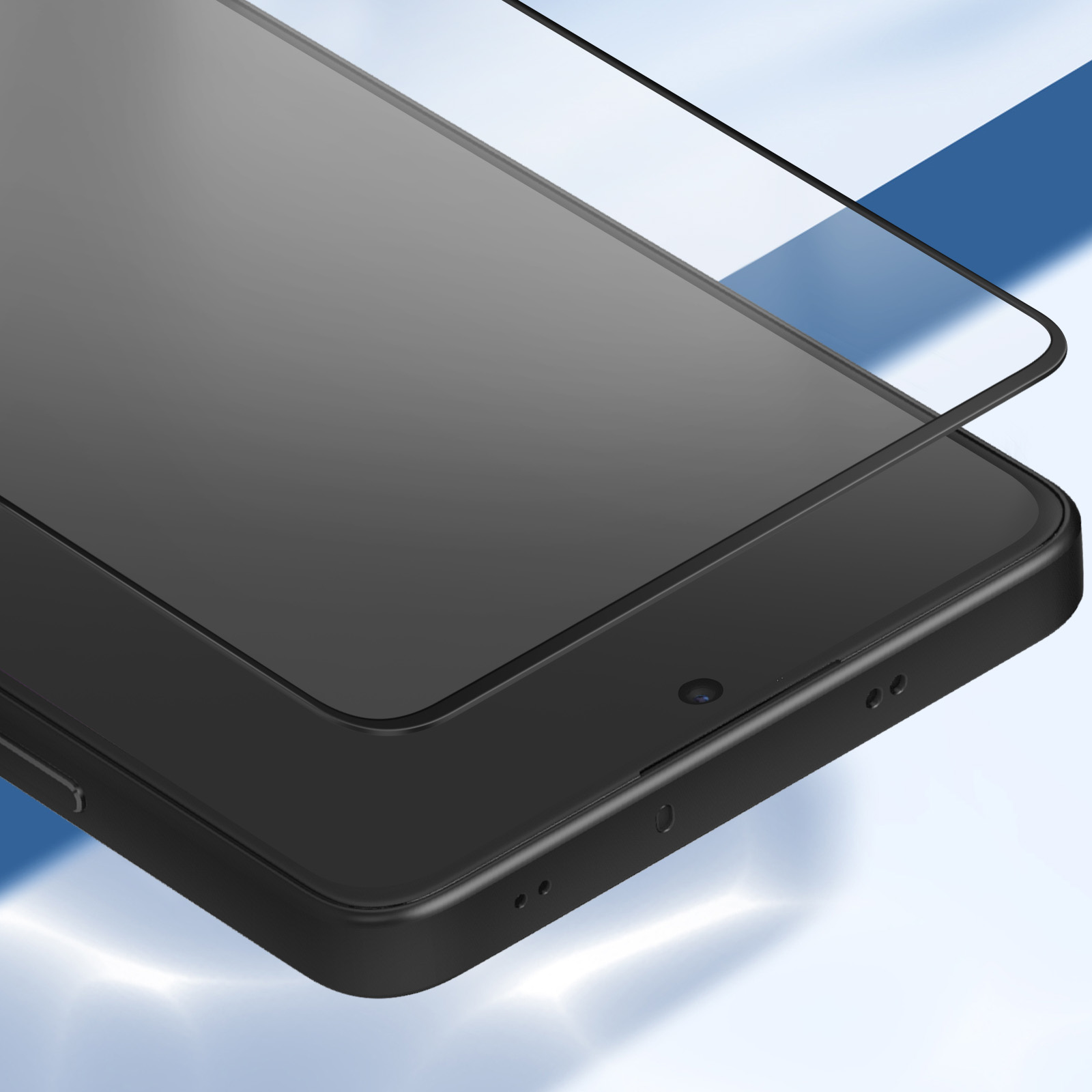 Uno smartphone nero con protezione schermo. Il telefono ha una fotocamera e fori per altoparlanti. Sfondo blu e bianco sfumato.
