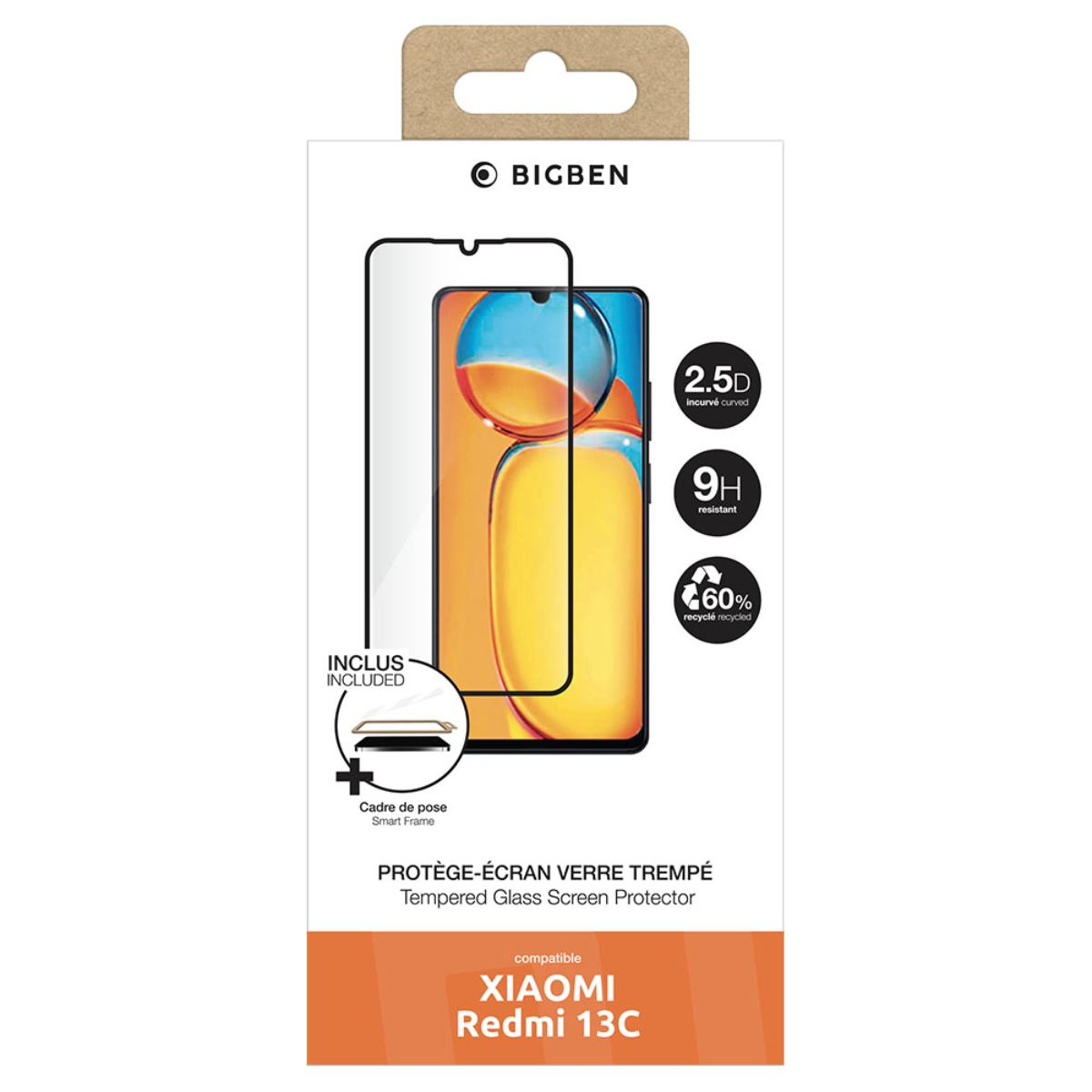 Emballage pour un protecteur d'écran Xiaomi Redmi 13C. Caractéristiques: incurvé 2.5D, résistant 9H et 60% recyclé.