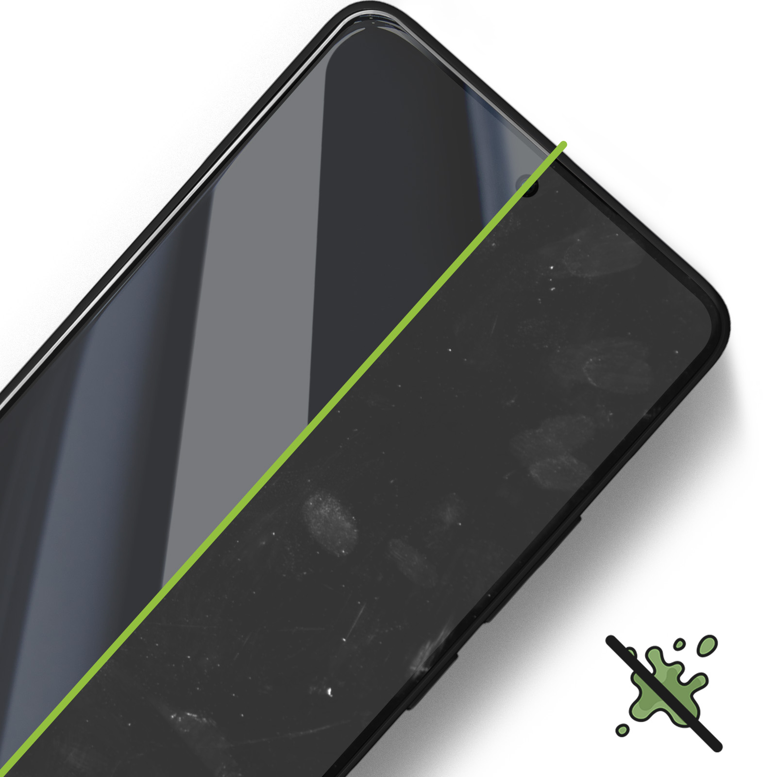 Una protezione per schermo per smartphone, metà pulita, metà sporca. Una linea verde divide le due parti. Una macchia verde è sbarrata.