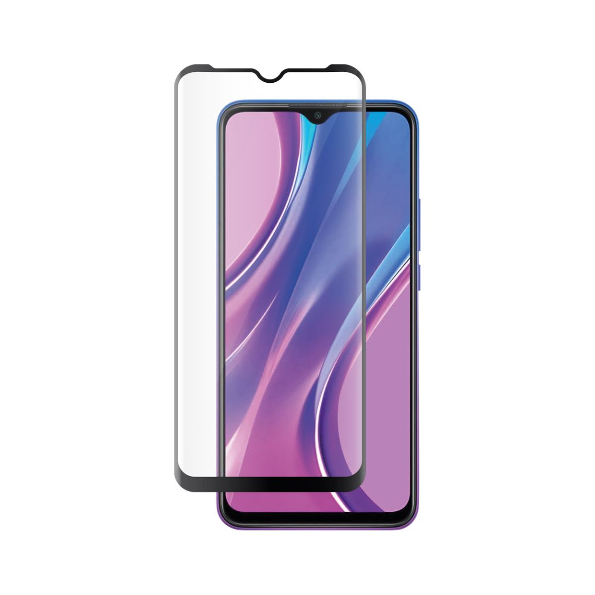 Een smartphone met een schermbeschermer op een witte achtergrond. Het scherm toont paarse en blauwe abstracte vormen.