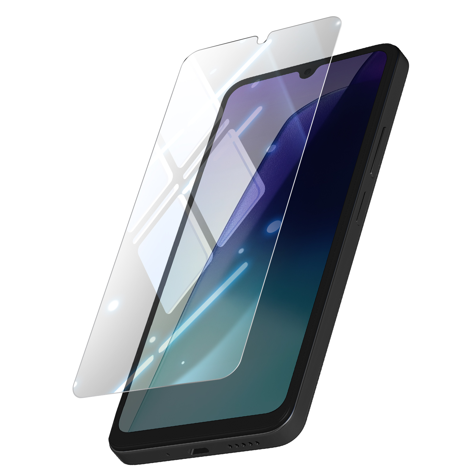 Uno smartphone con una protezione per lo schermo. Il telefono è nero, la protezione trasparente. Lo sfondo è bianco.