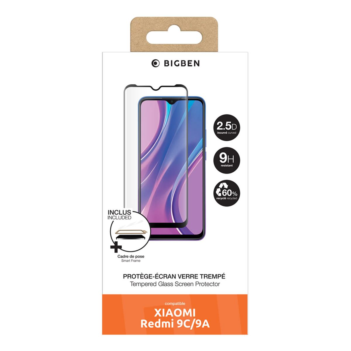 Een telefoon screenprotector doos toont een telefoon, productdetails en het merklogo. De doos is wit met oranje en zwarte tekst.
