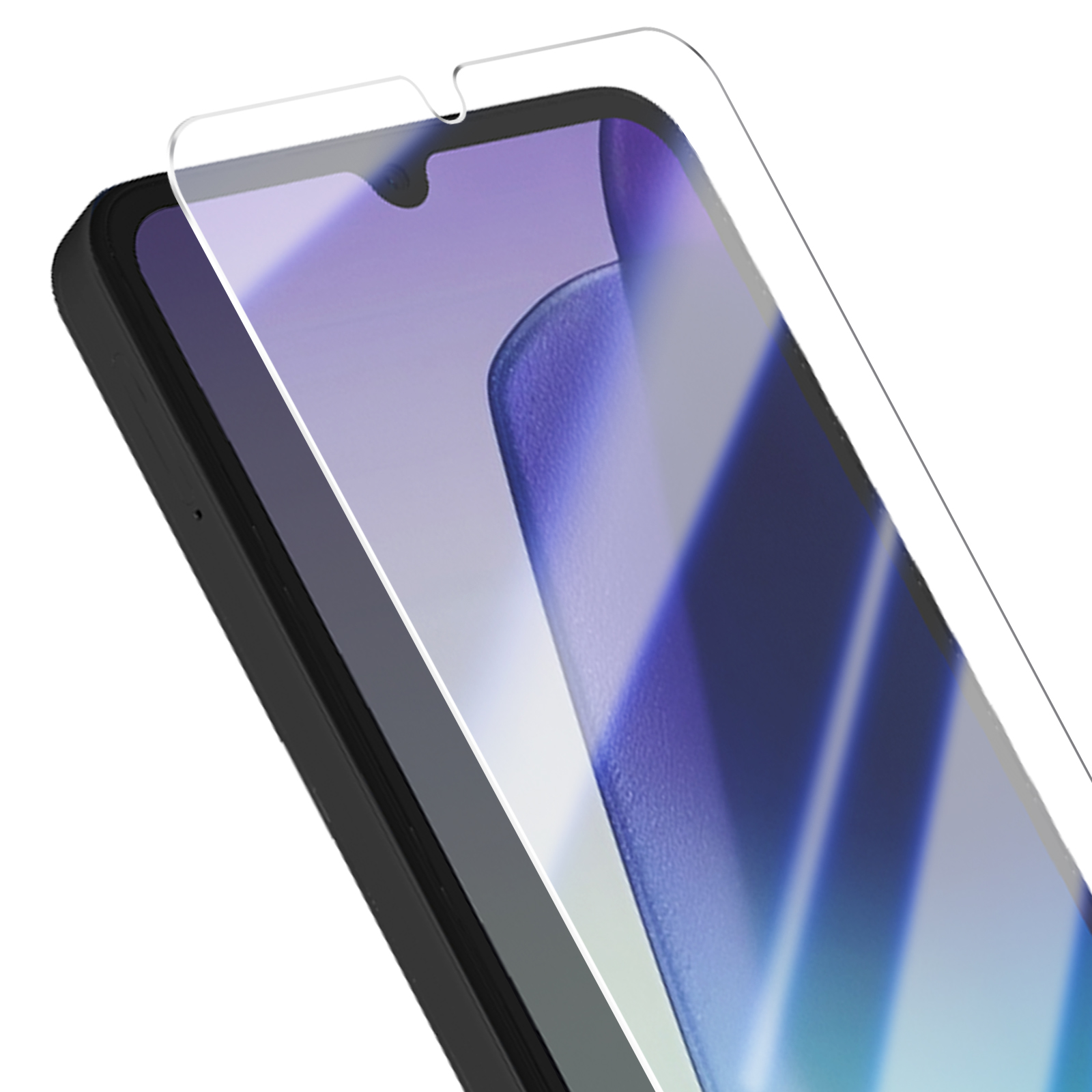 Primo piano di un telefono con una protezione per lo schermo. Il telefono è nero, lo schermo mostra una sfumatura blu. La protezione è trasparente.