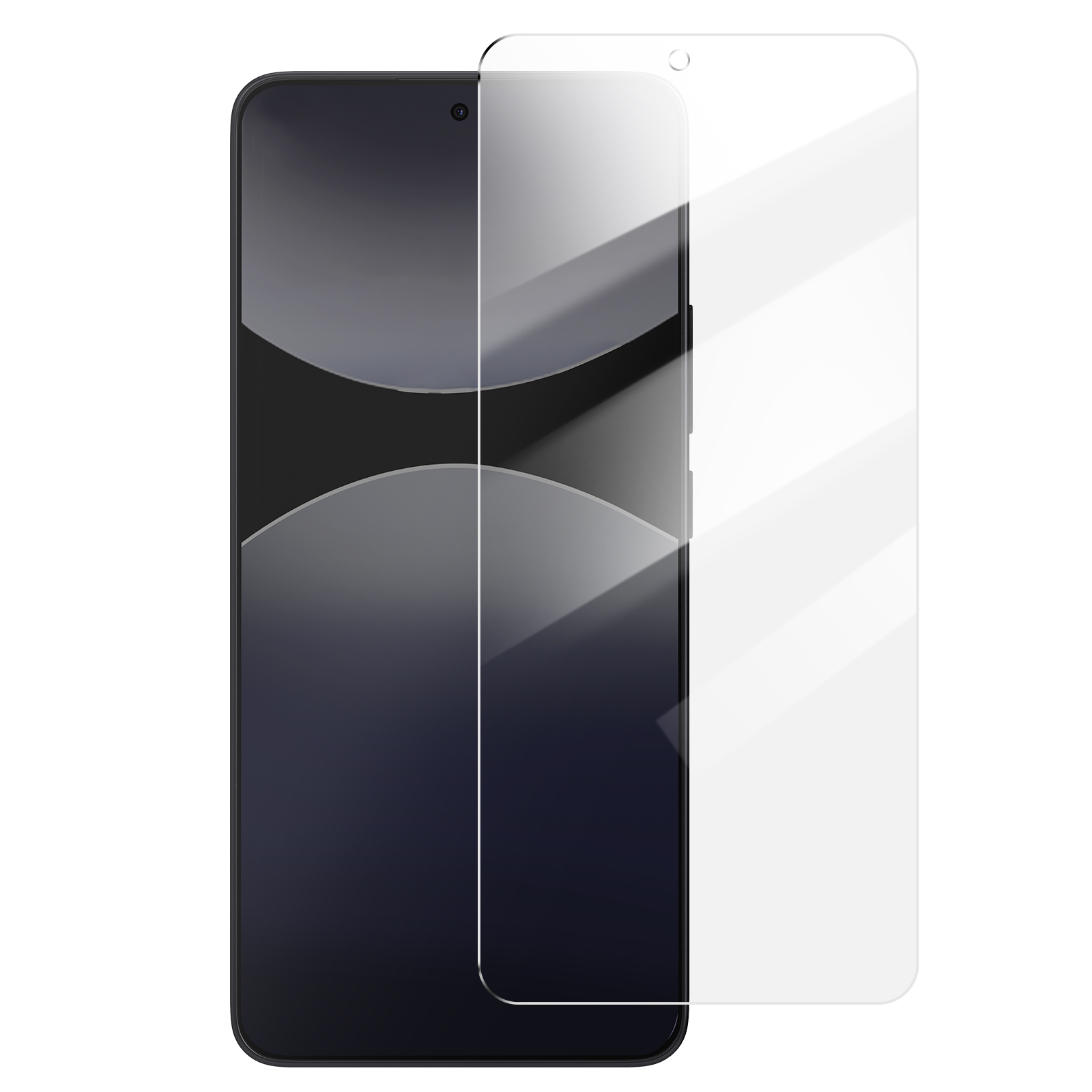Uno smartphone con una protezione per lo schermo applicata. Il telefono è nero, con una fotocamera. La protezione è trasparente.