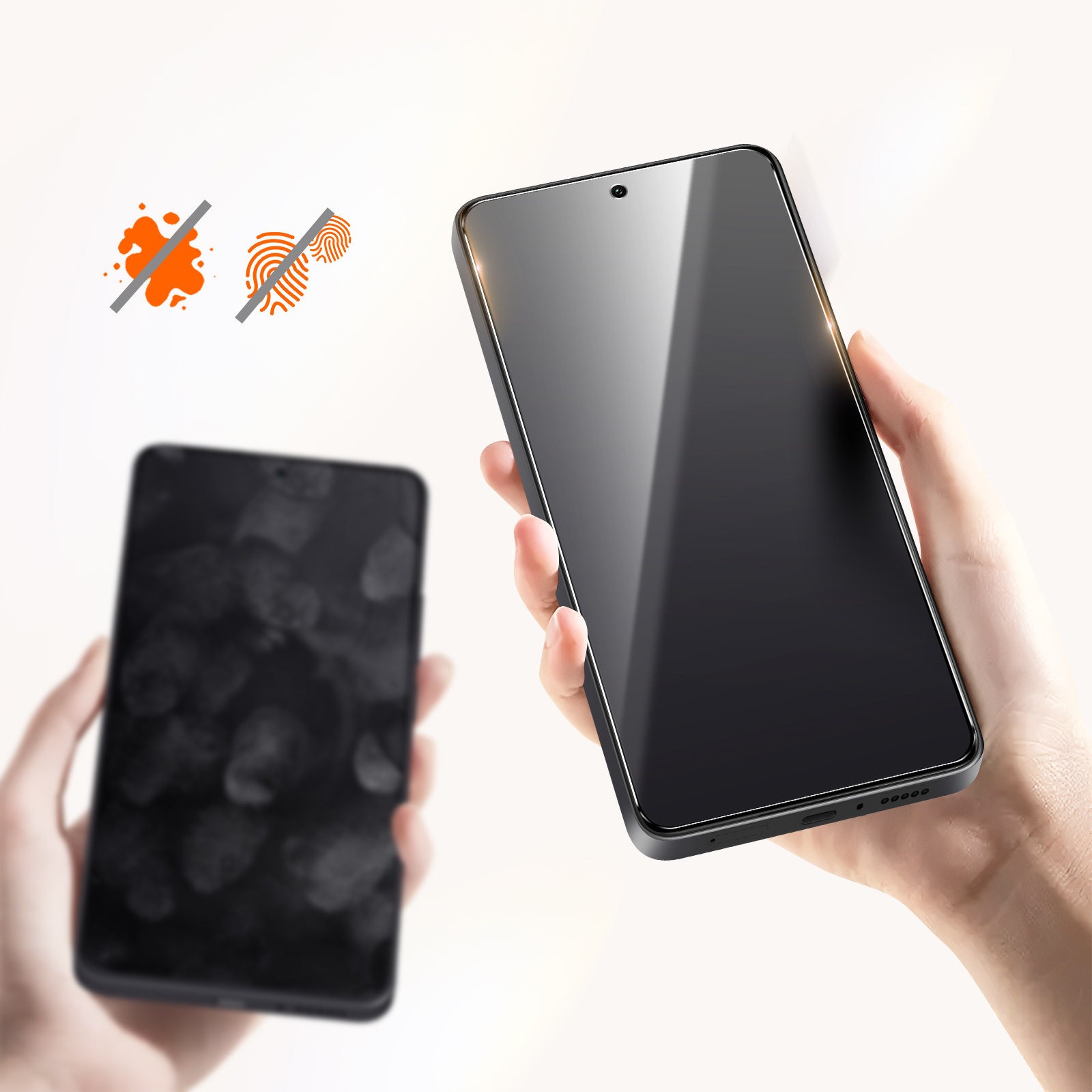 Due smartphone, uno pulito, uno con impronte digitali. Icone mostrano senza macchie o impronte. Mani che tengono telefoni.