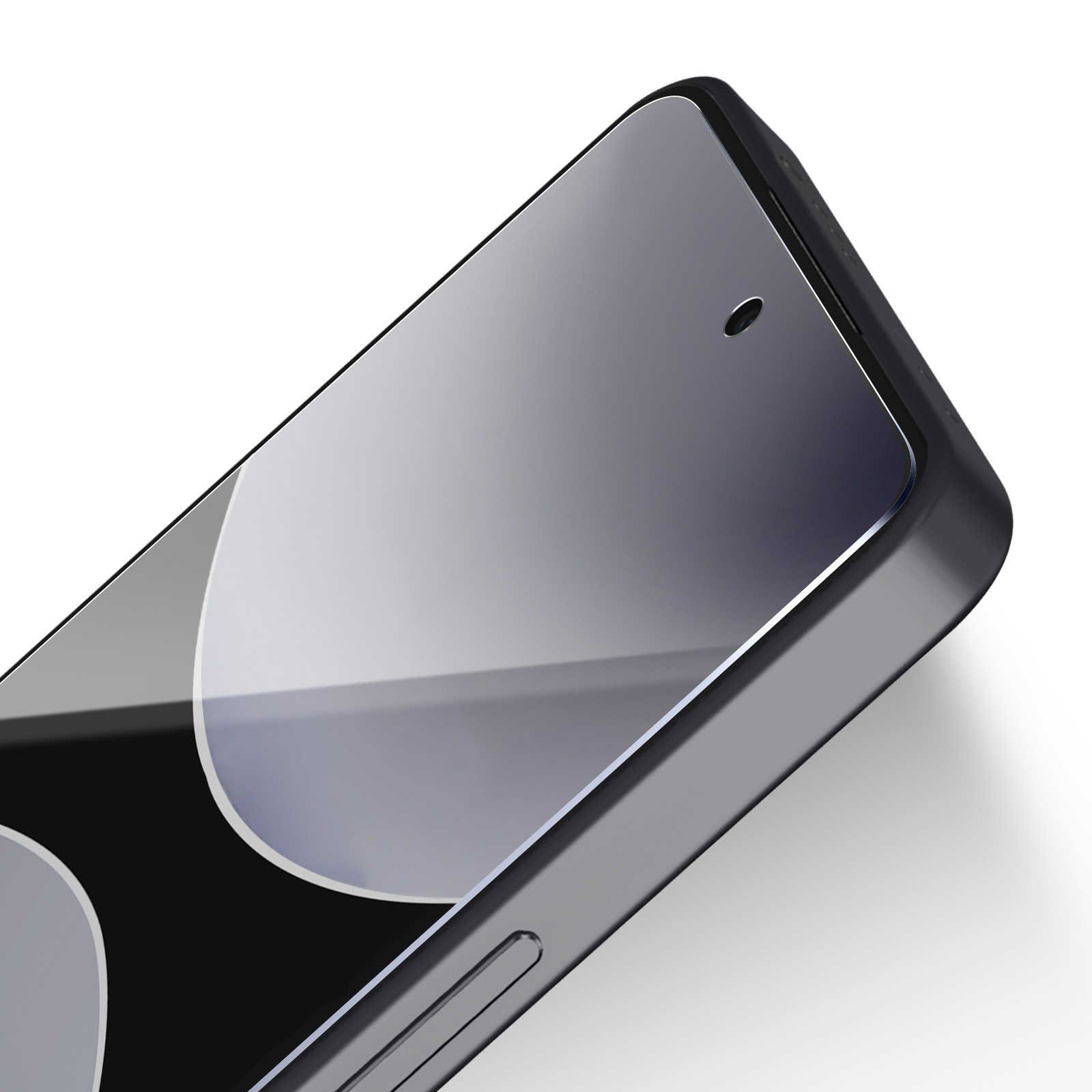 Primo piano di uno smartphone. Ha una cornice nera e uno schermo riflettente. È visibile una fotocamera frontale. Lo sfondo è bianco.
