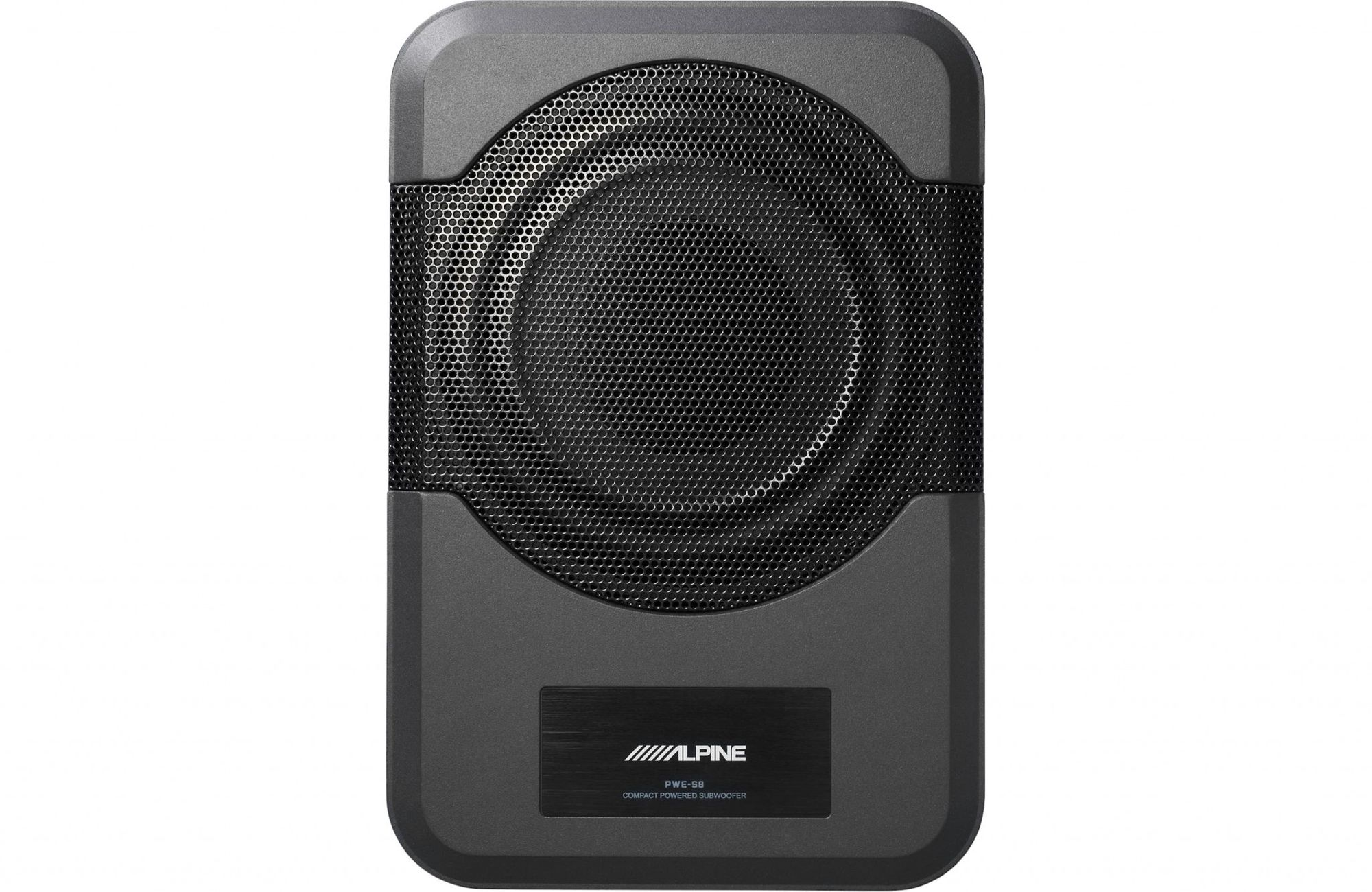 Ein rechteckiger, grauer Auto-Subwoofer. Er hat eine Mesh-Lautsprecherabdeckung und ein Alpine-Logo. Der Hintergrund ist schlicht weiß.
