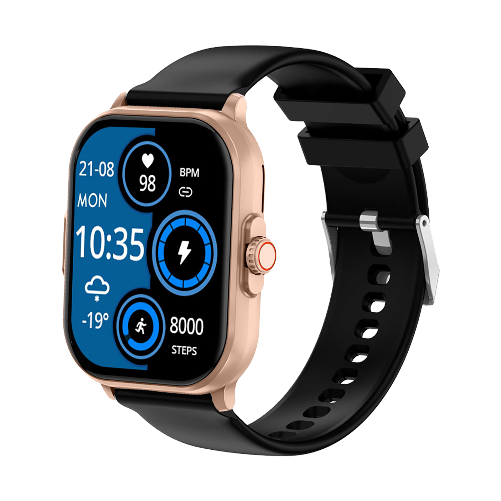 Eine Smartwatch mit schwarzem Armband, goldenem Gehäuse und blauem Bildschirm mit Datum, Uhrzeit, Herzfrequenz, Schritten und Wetter.