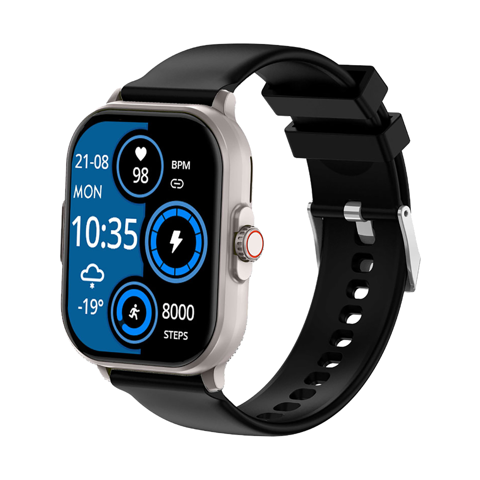 Die Smartwatch zeigt Uhrzeit, Datum, Herzfrequenz, Schritte und Temperatur an. Sie hat ein schwarzes Armband und ein silbernes Gehäuse.