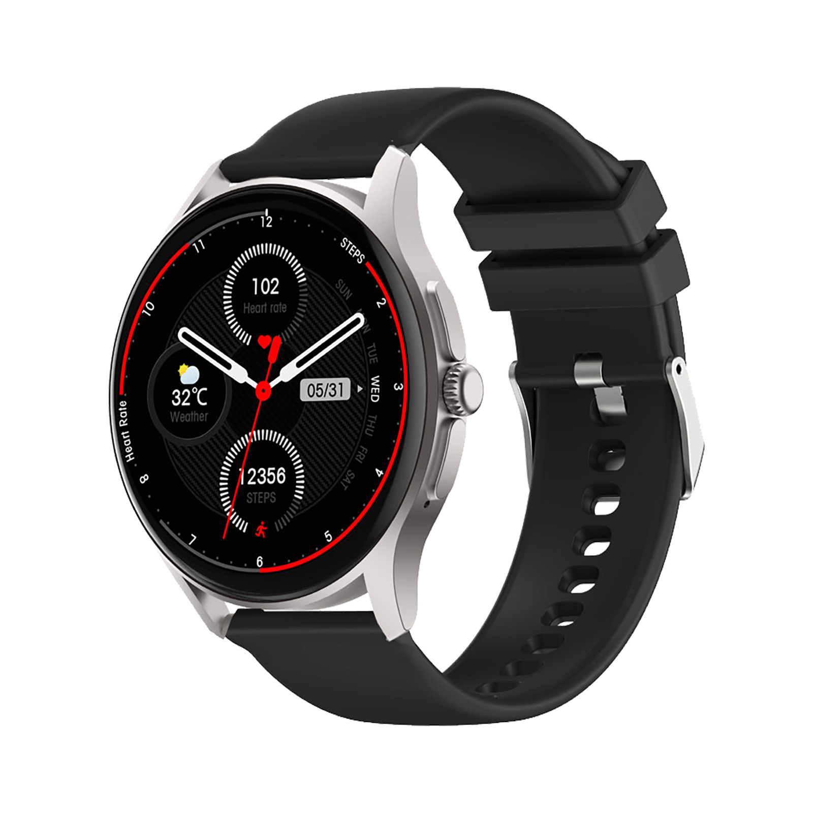 Eine Smartwatch mit schwarzem Armband und silbernem Gehäuse. Der Bildschirm zeigt Herzfrequenz, Schritte, Wetter und Datum an.
