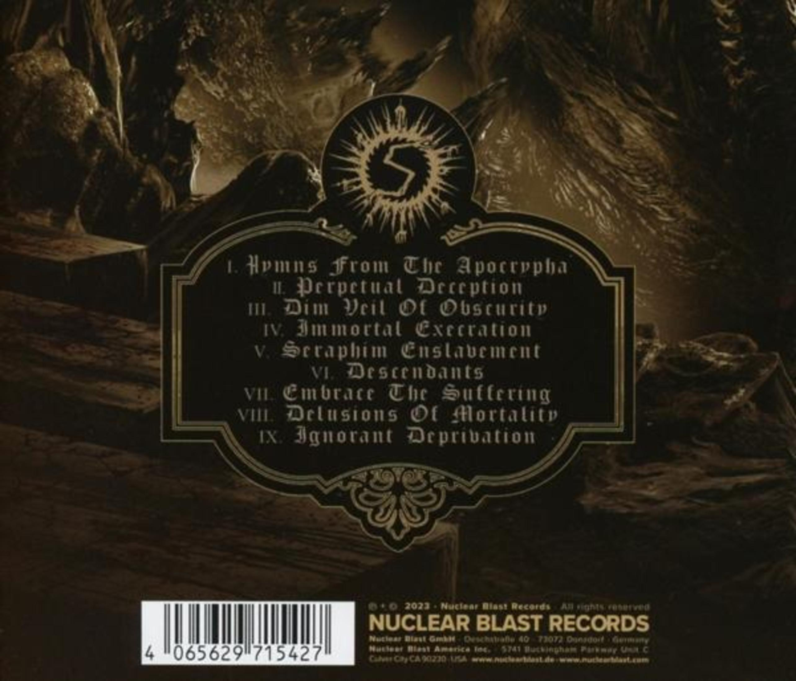 Albumcover mit dunklem, gotischem Design. Enthält Songtitel und ein Logo. Unten Barcode und Informationen zum Plattenlabel.