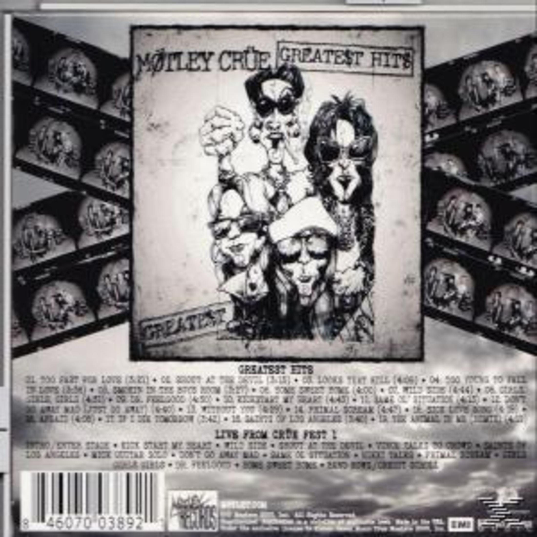 Album cover with band members' faces. Text reads 'Motley Crue Greatest Hits'. Background shows skulls in shadow.