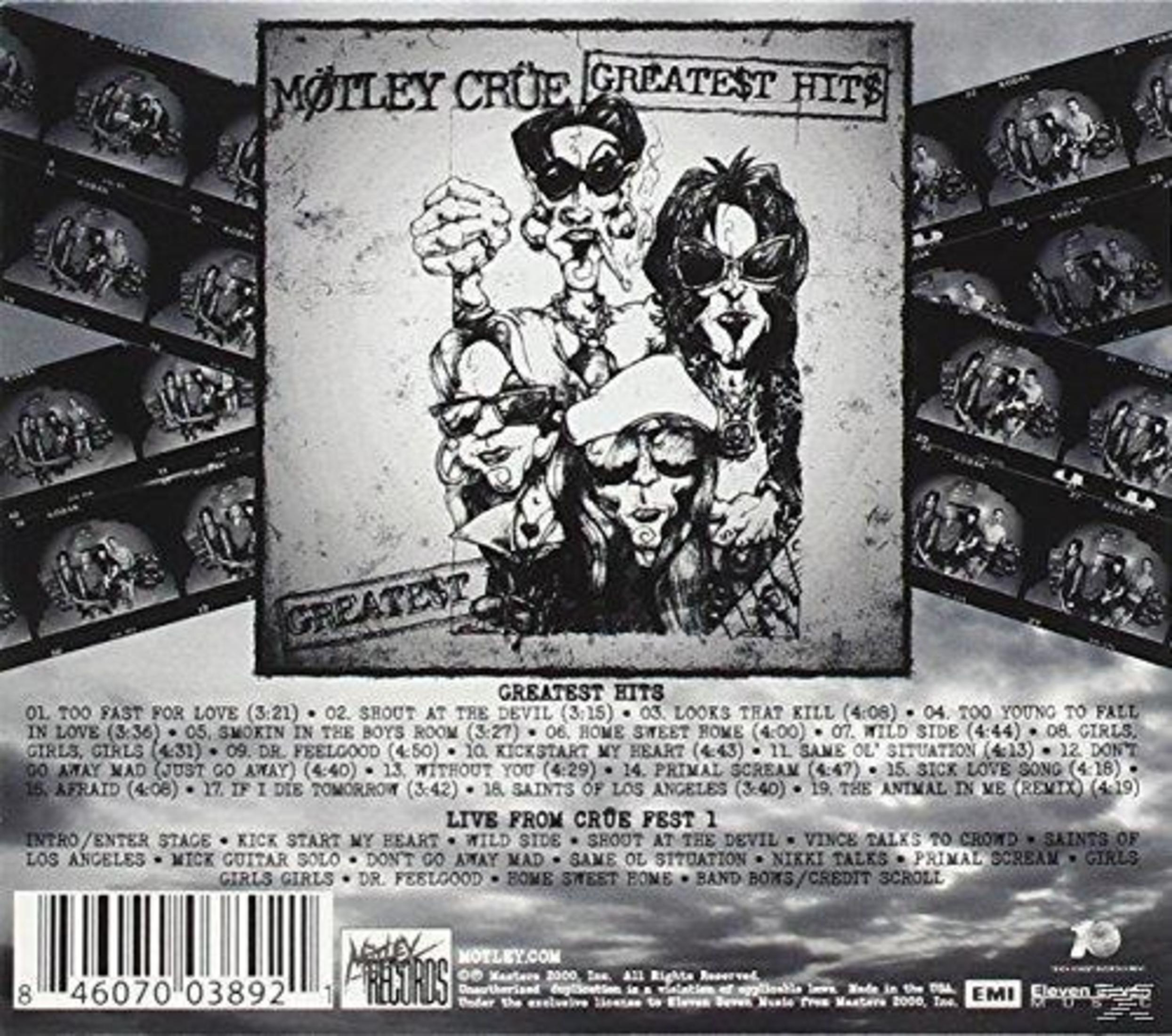 Album cover of Motley Crue's Greatest Hits. Features cartoon band members and a tracklist. Barcode and record label visible.