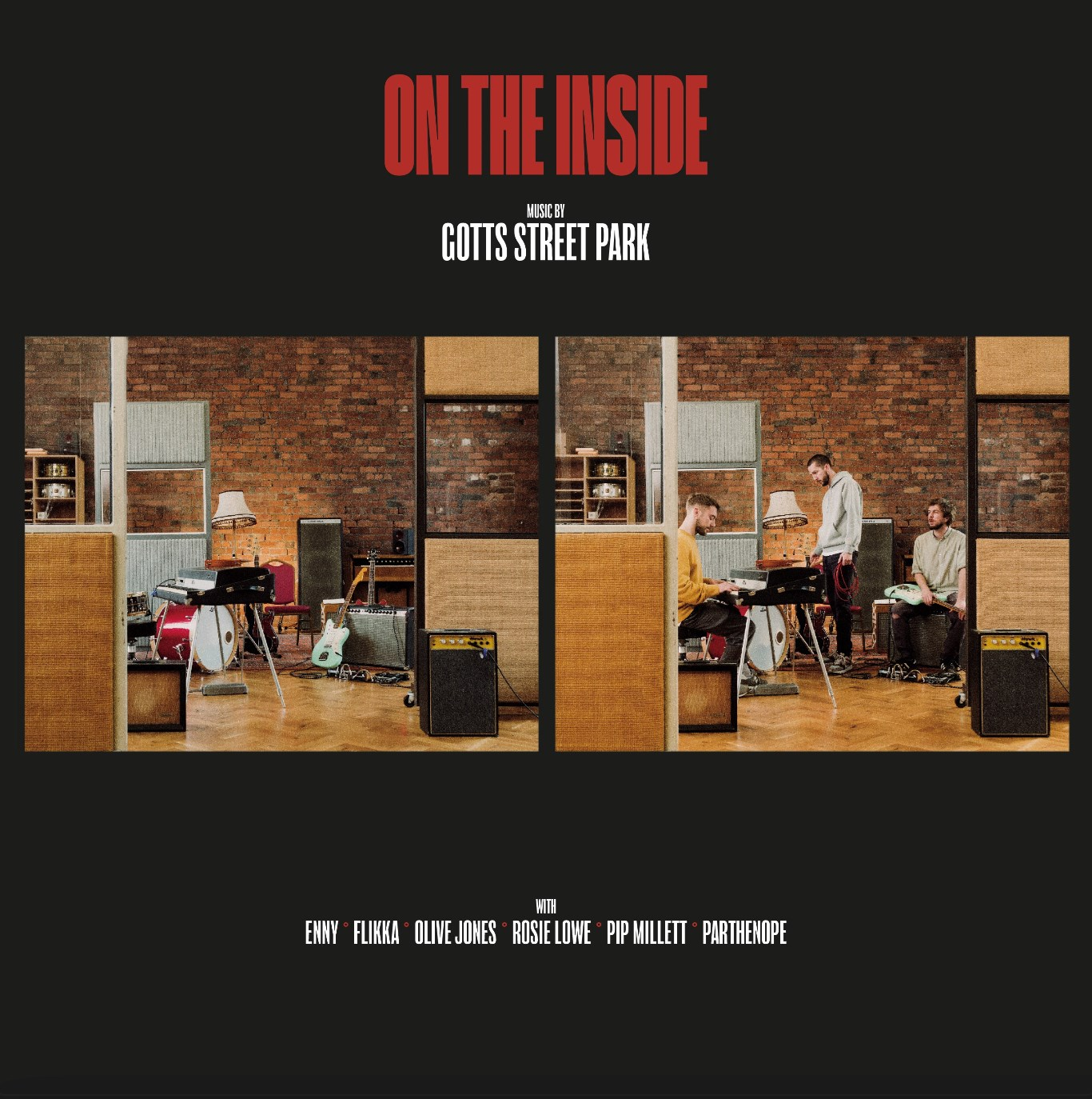 Copertina di un album musicale. Tre musicisti suonano strumenti in uno studio. Sovrapposizione di testo: On The Inside, Gotts Street Park, con ENNY, ecc.