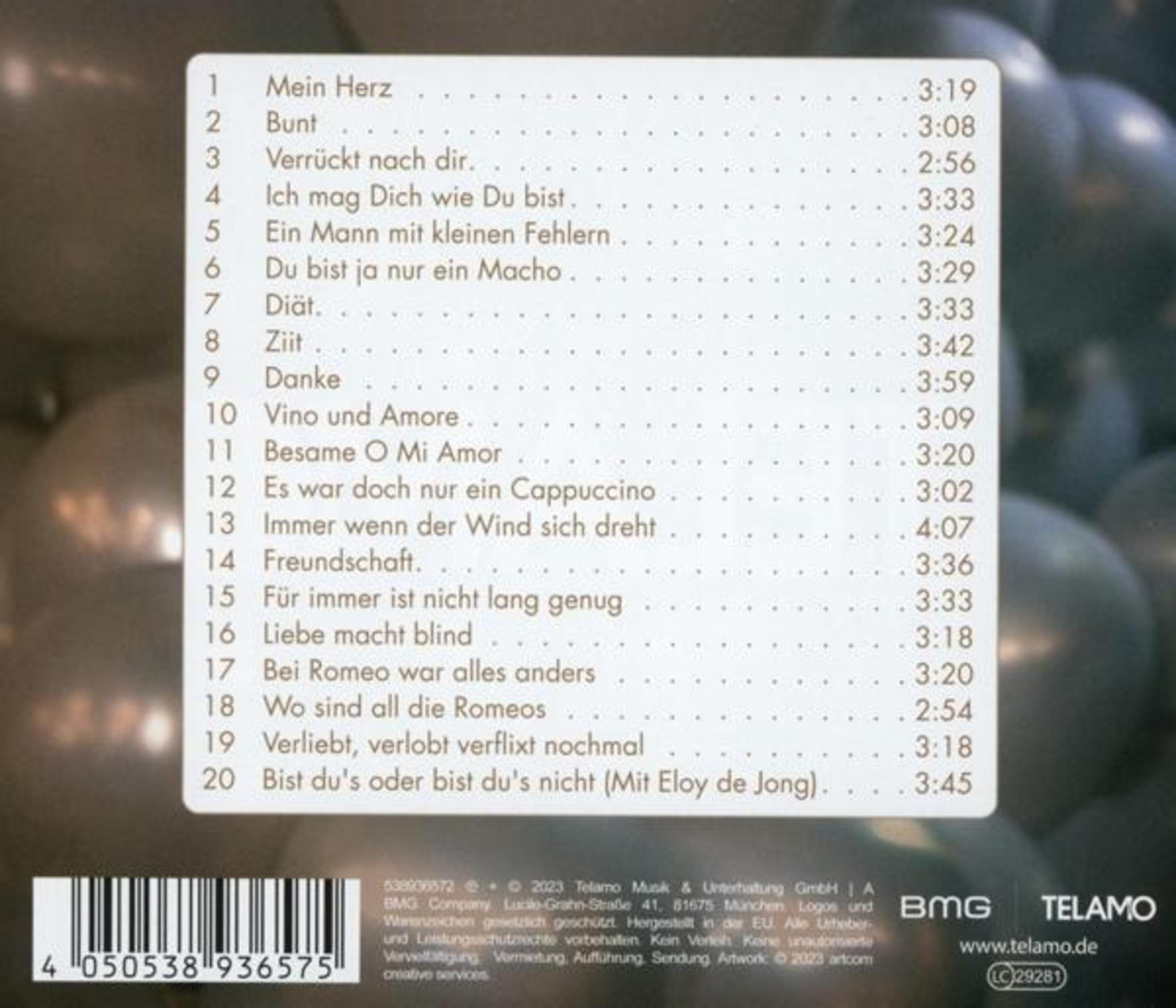 Ein CD-Cover mit einer Titelliste auf Deutsch. Es enthält Songtitel und deren Dauer. Ein Barcode und Logo sind sichtbar.