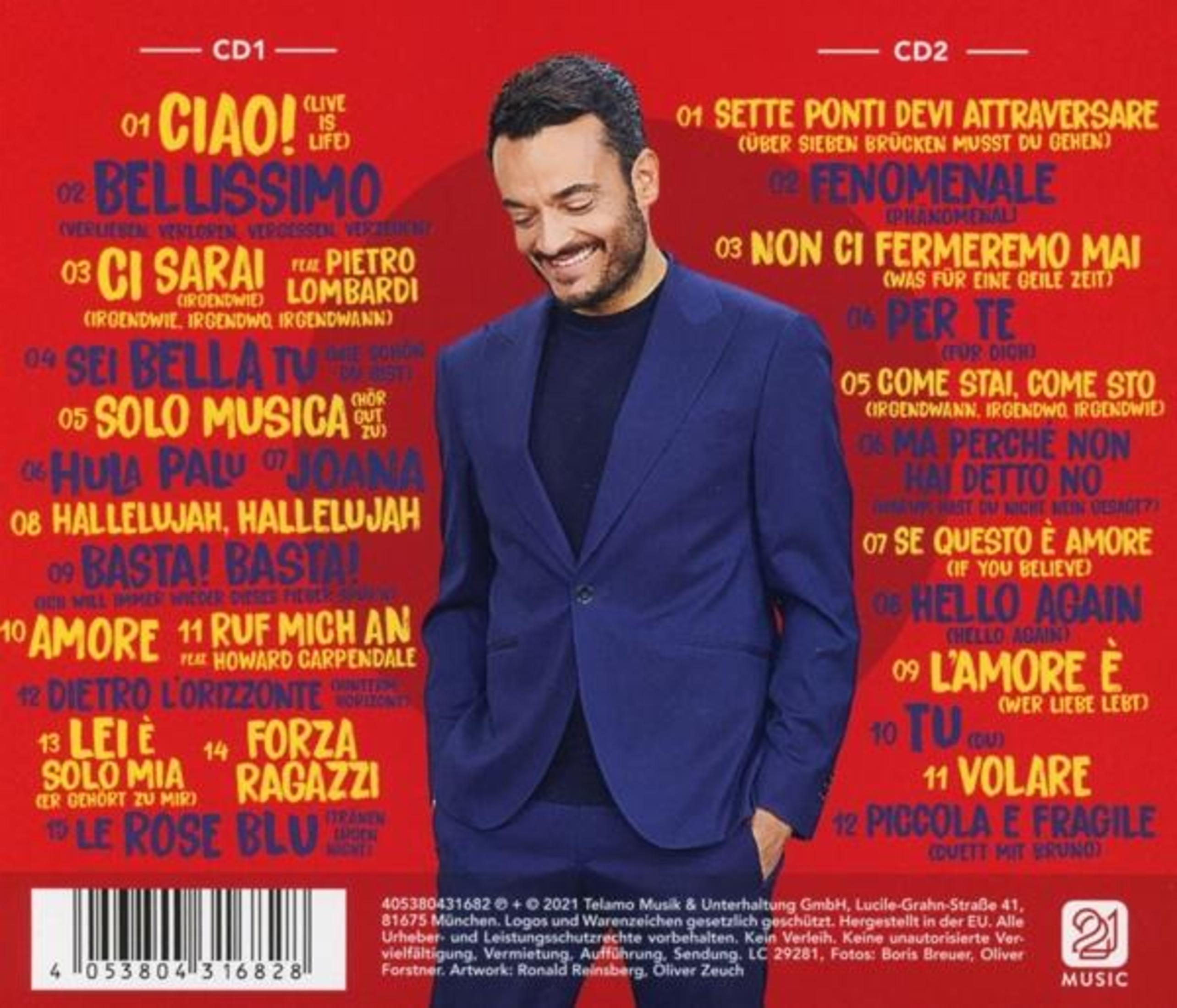 Albumcover mit lächelndem Mann in blauem Jackett. Roter Hintergrund mit Songtiteln und Barcode unten.