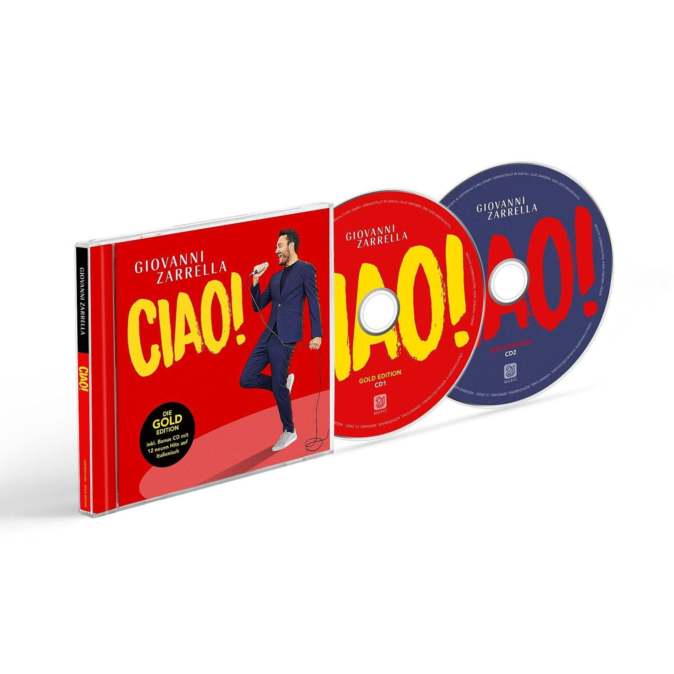 CD-Cover von Giovanni Zarrellas 'CIAO!'-Album. Mit Künstler, Albumtitel und zwei CDs. Rotes und gelbes Farbschema.