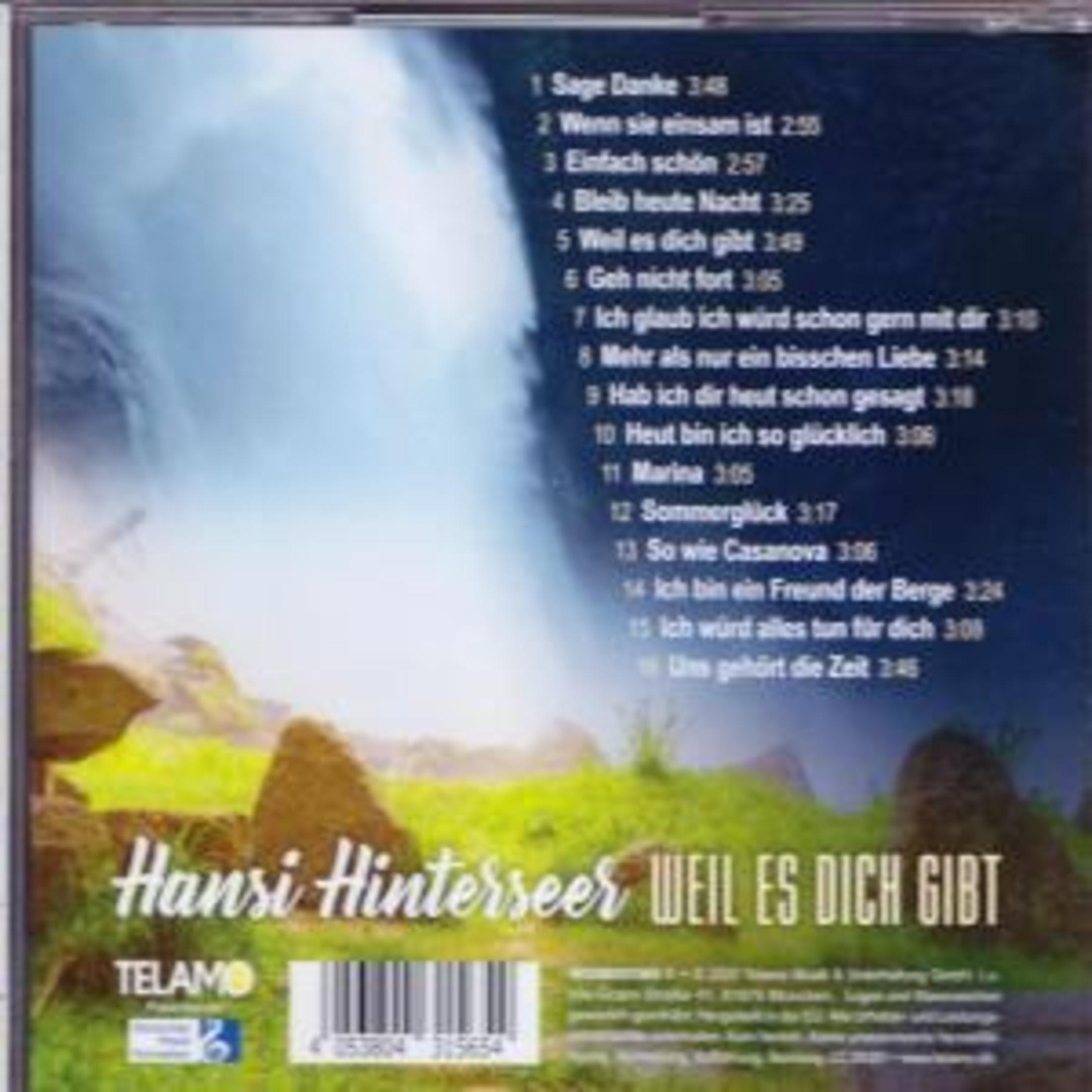 CD-Cover mit verschwommenem Hintergrund. Titel ist „Weil es dich gibt“ von Hansi Hinterseer. Titelliste ist sichtbar.