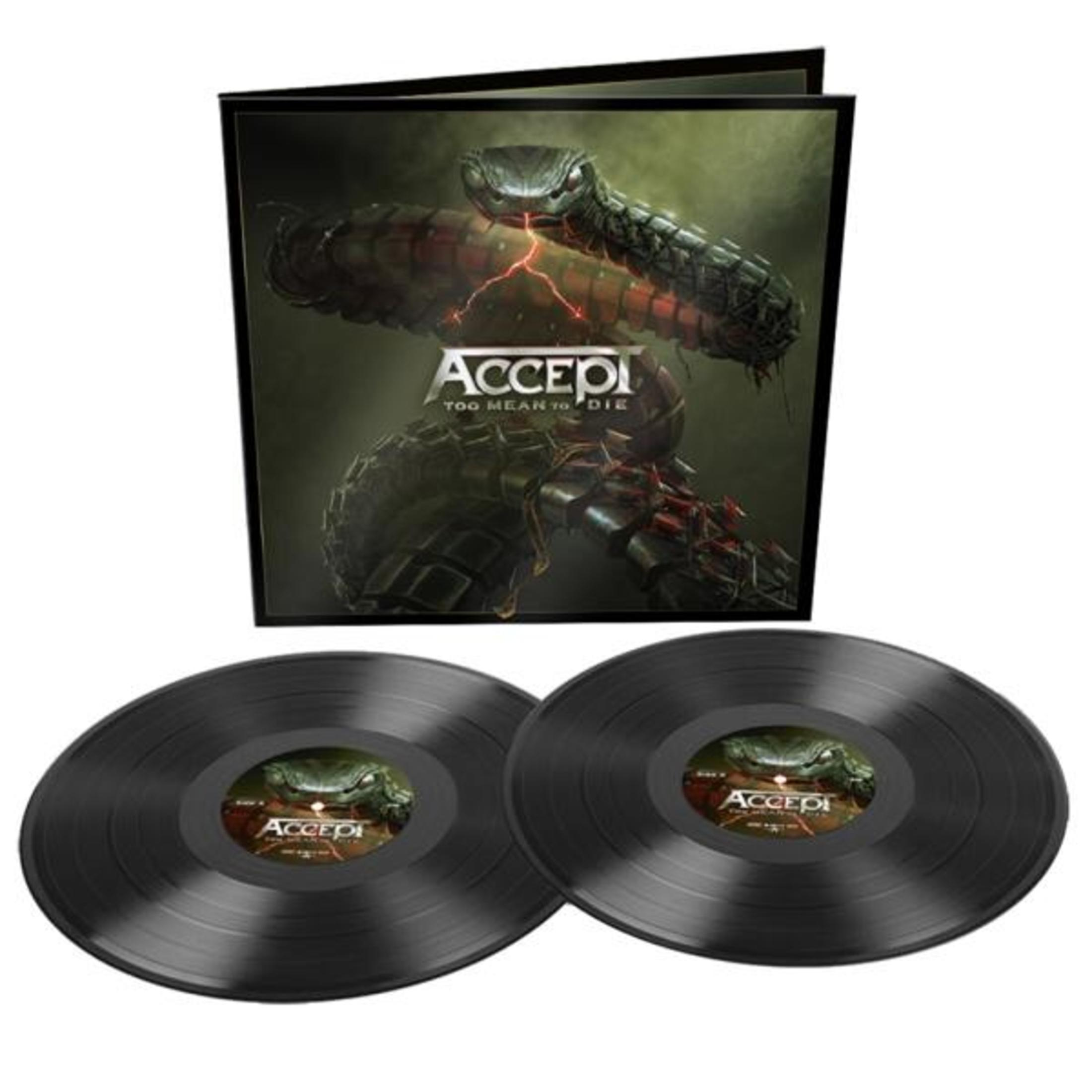 Albumhoes met slang, bliksem en vinylplaten. De band heet Accept.
