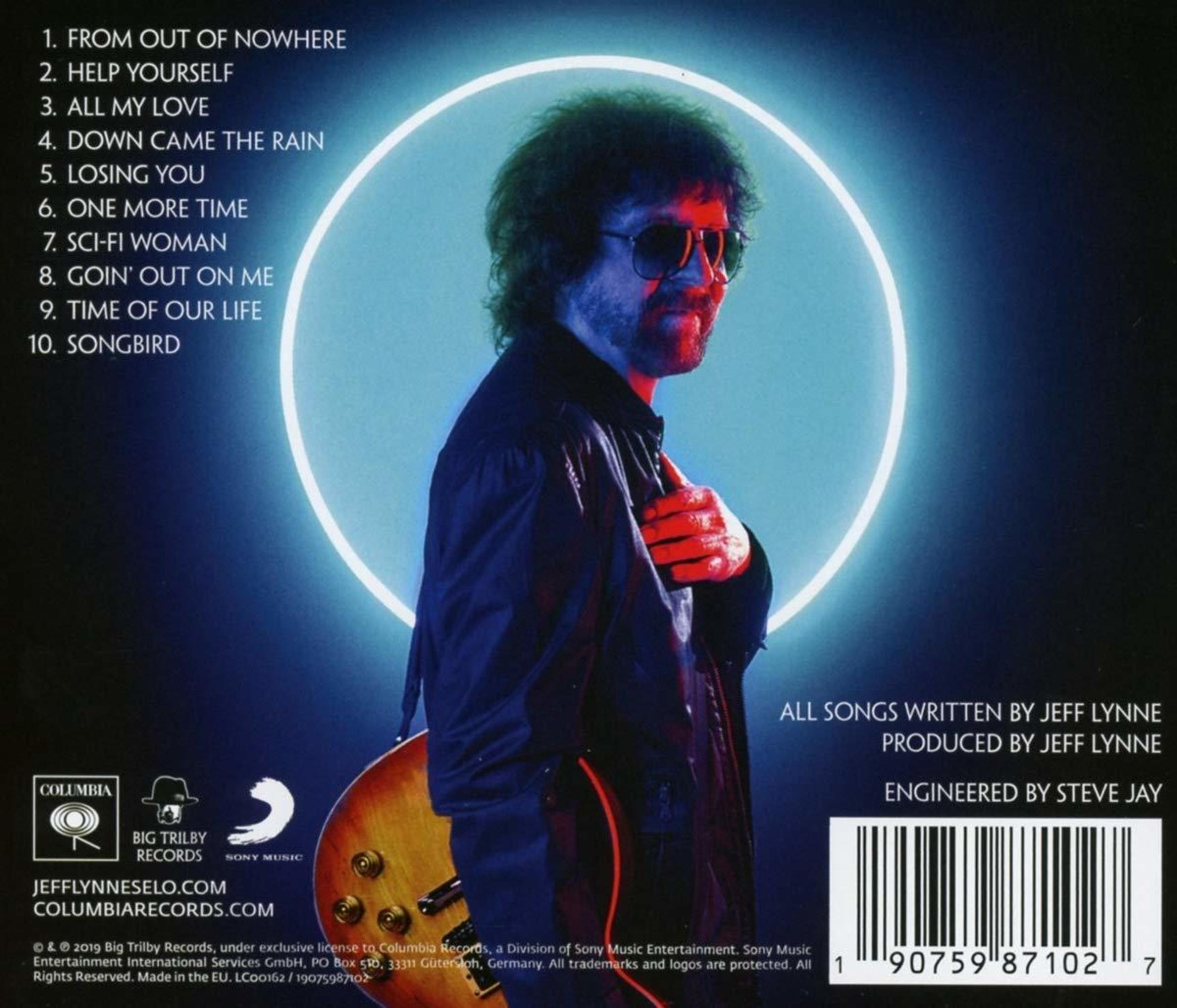 Albumcover mit einem Mann mit Sonnenbrille vor einem blau beleuchteten Kreis. Albumtitel und Titelliste sind sichtbar.