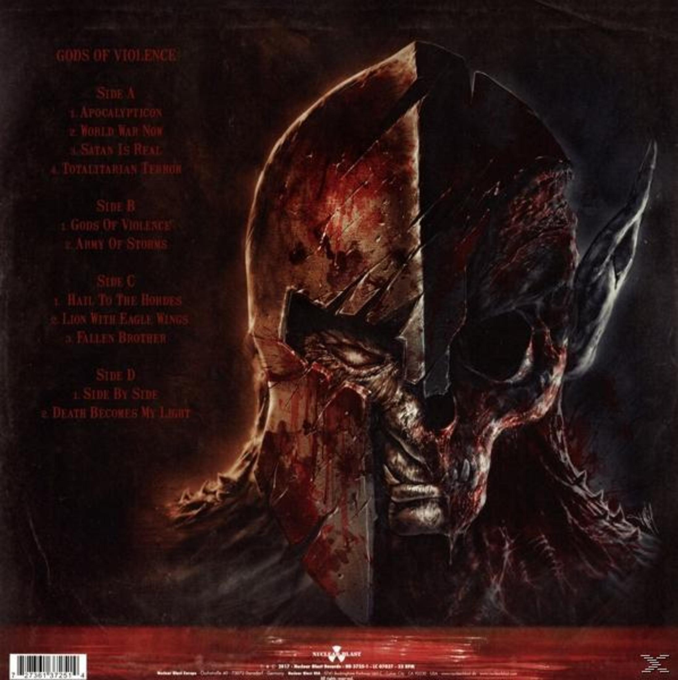 Albumcover mit Helm und Schädel, blutbedeckt, mit Text, der Songs auflistet.