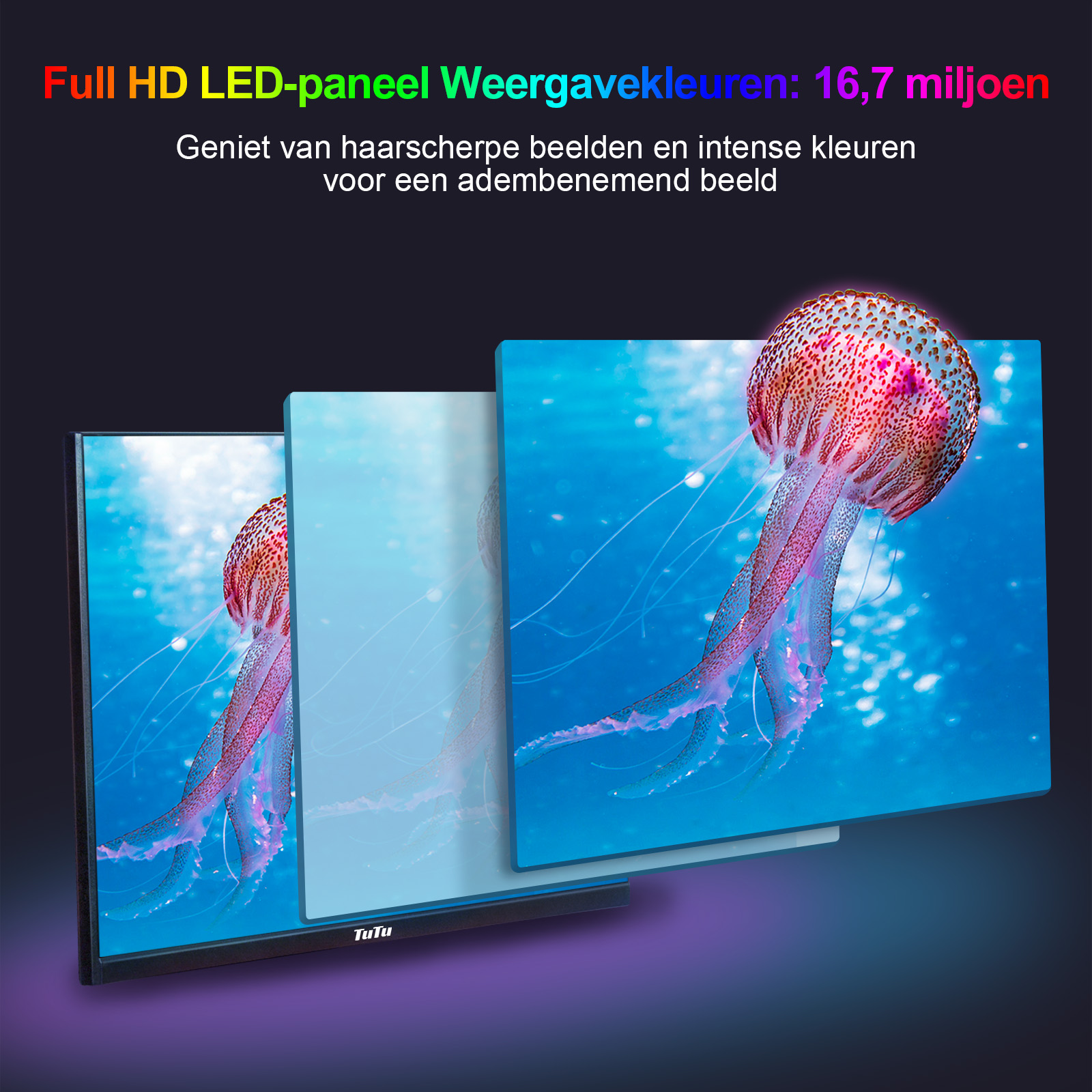 Bild von drei Bildschirmen, die eine Qualle im Ozean zeigen. Niederländischer Text sagt 'Full HD' und '16,7 Millionen Farben'.