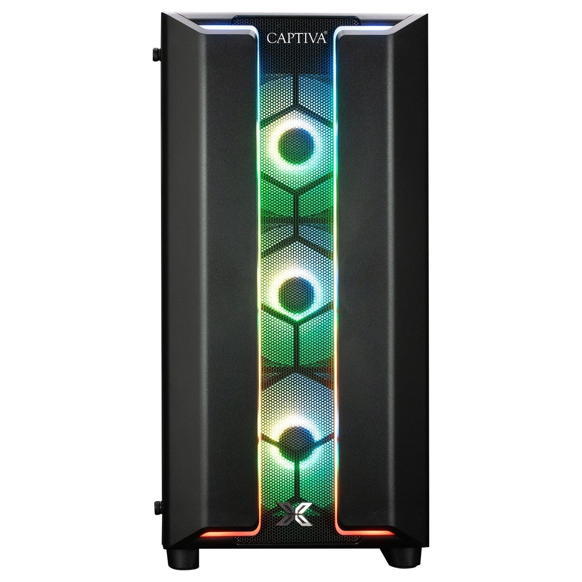 Case per computer nero con logo Captiva. Ha un display luminoso colorato al centro e un logo in basso.