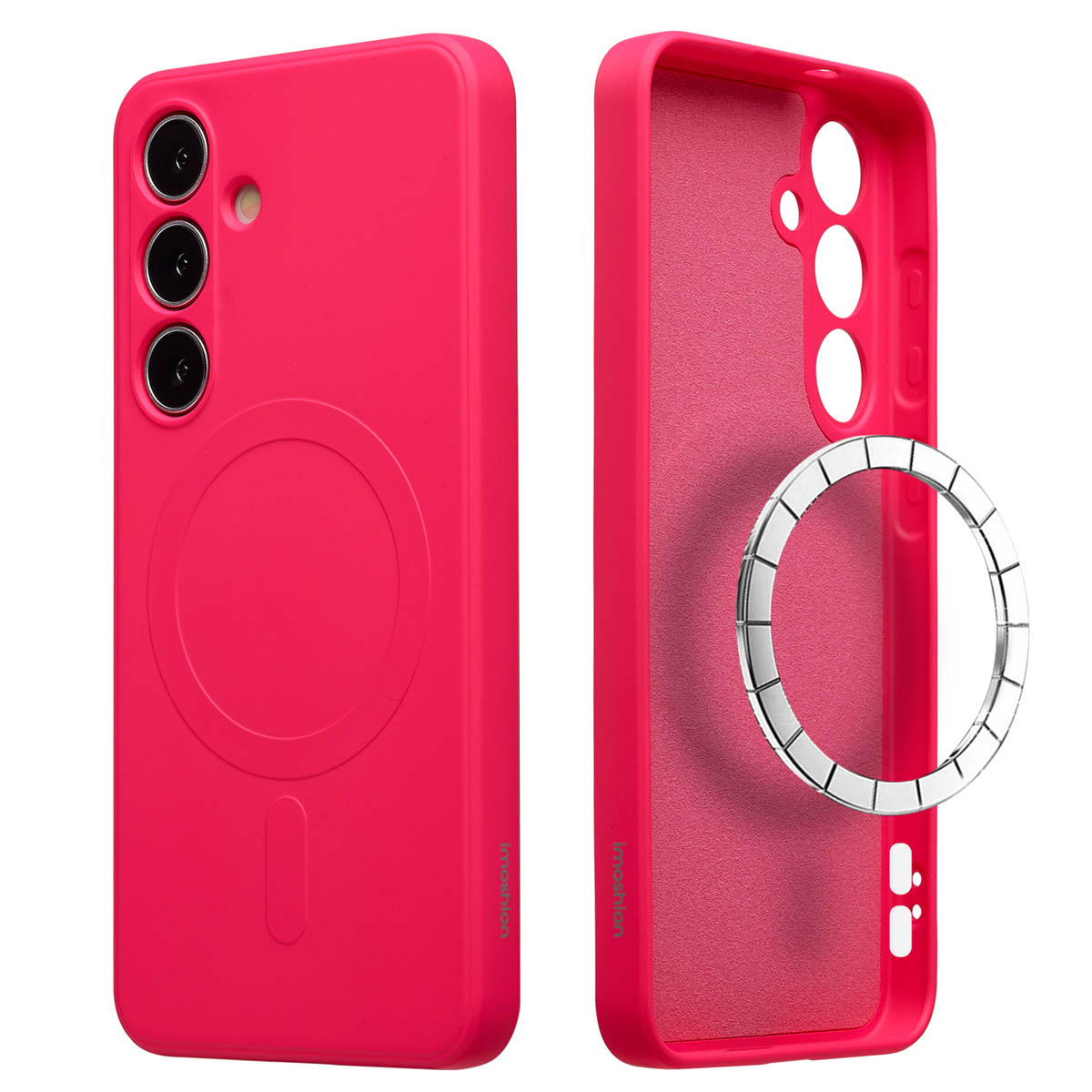 Twee roze telefoonhoesjes, één met een metalen ring, de andere met camera-openingen en een magnetische cirkel. Beide hebben het Inoshion-logo.