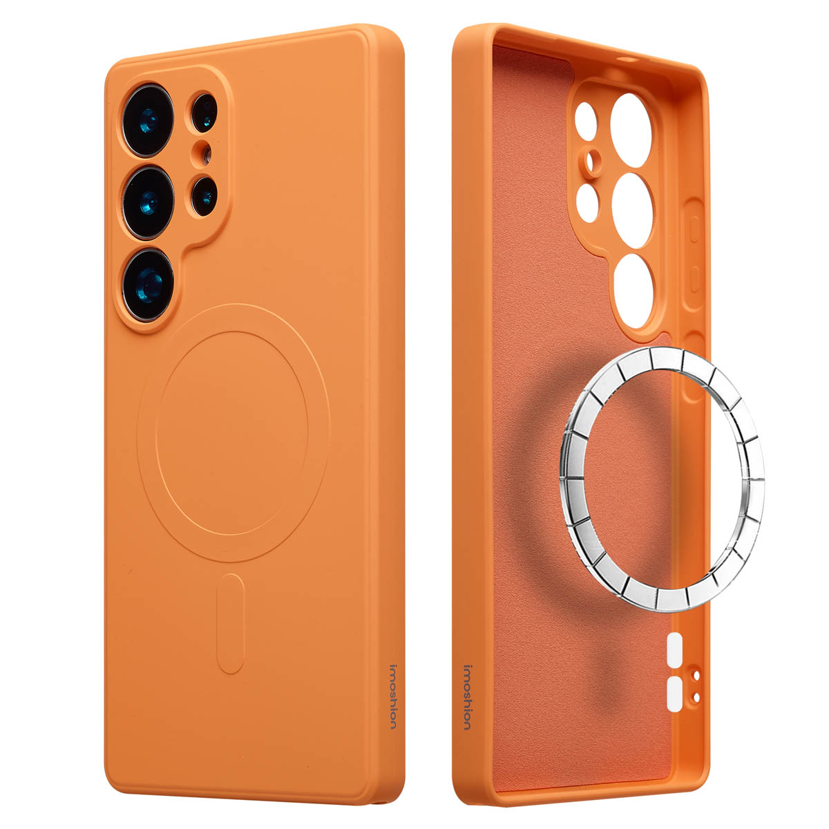 Oranje telefoonhoesje. Toont de voorkant en binnenkant. De voorkant heeft cameragaten en een cirkelvormig kenmerk. De binnenkant heeft een ring.