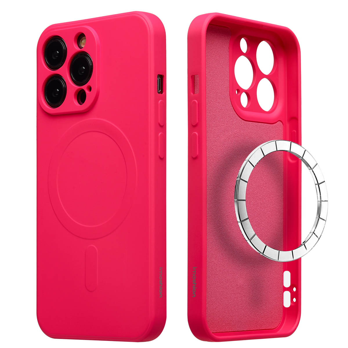 Twee felroze telefoonhoesjes. Eén toont de achterkant met camera-uitsparingen, de andere de binnenkant en een magnetische ring.