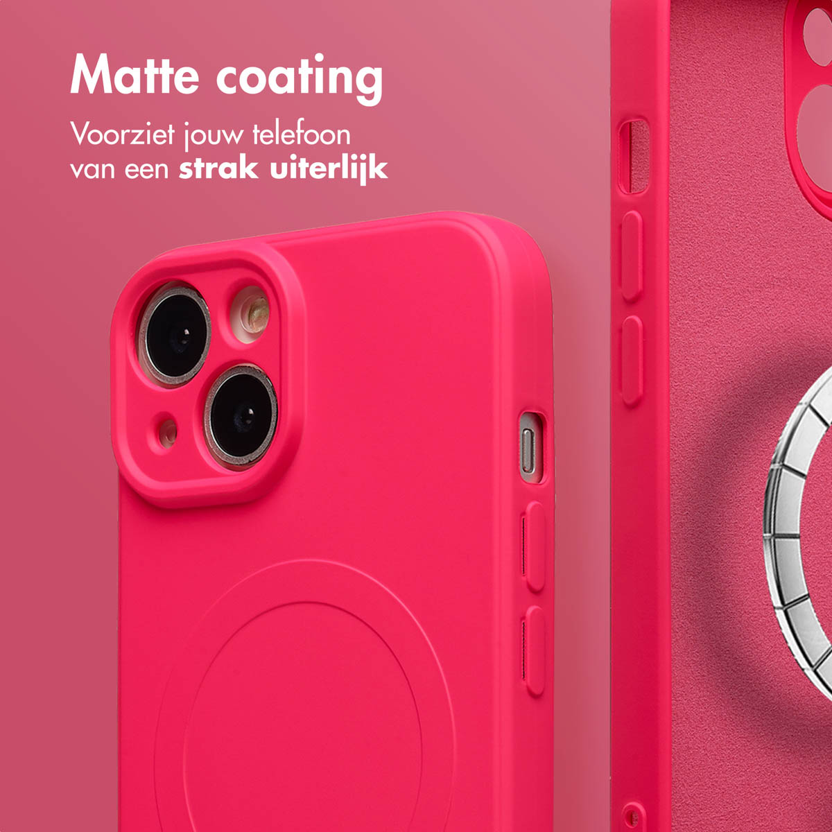 Gros plan sur une coque de téléphone rose avec une finition mate. La coque a une découpe pour l'appareil photo et des boutons latéraux.