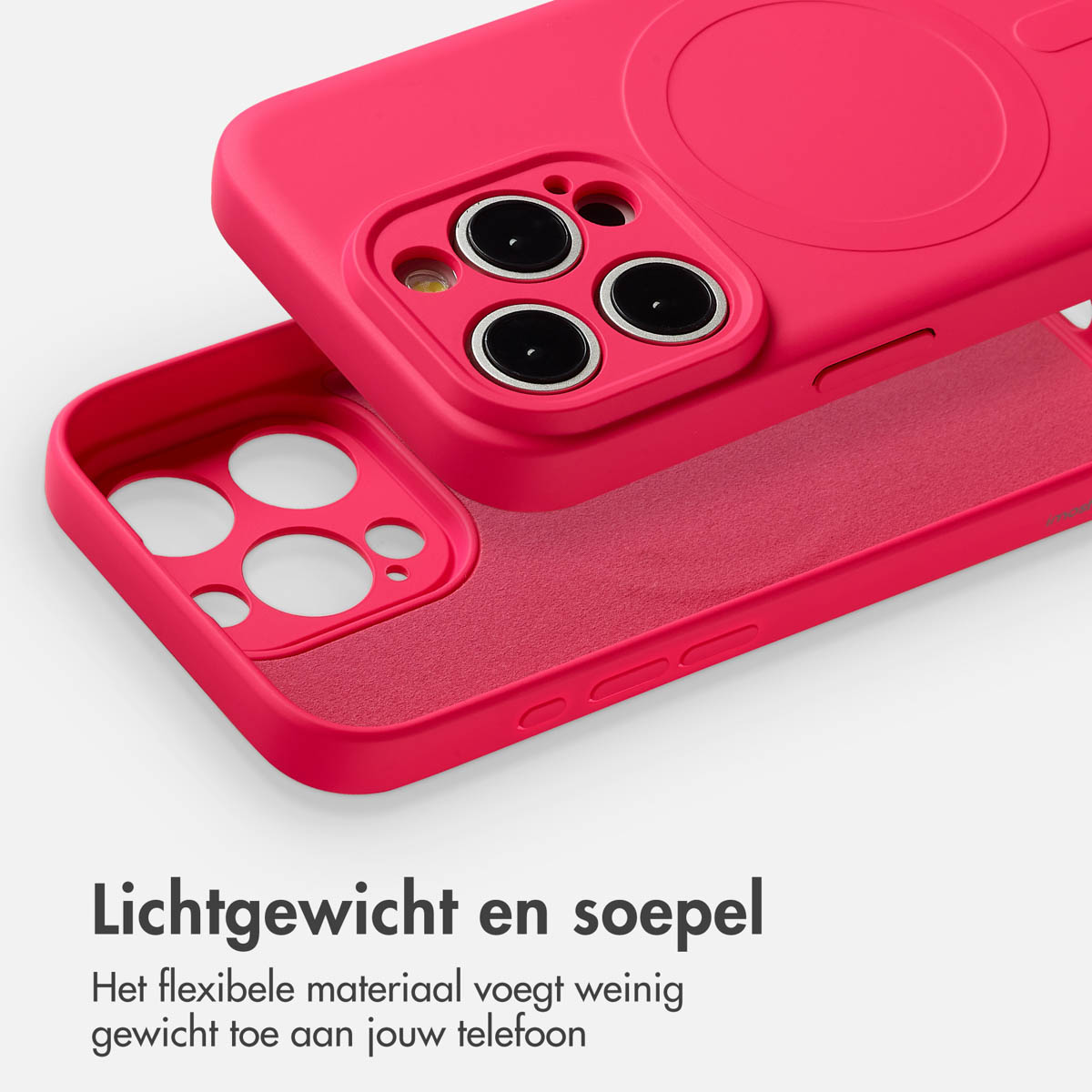 Roze telefoonhoes in twee delen. Het bovenste deel heeft camera-uitsparingen. Het onderste deel is getextureerd. Tekst: Lichtgewicht en soepel.