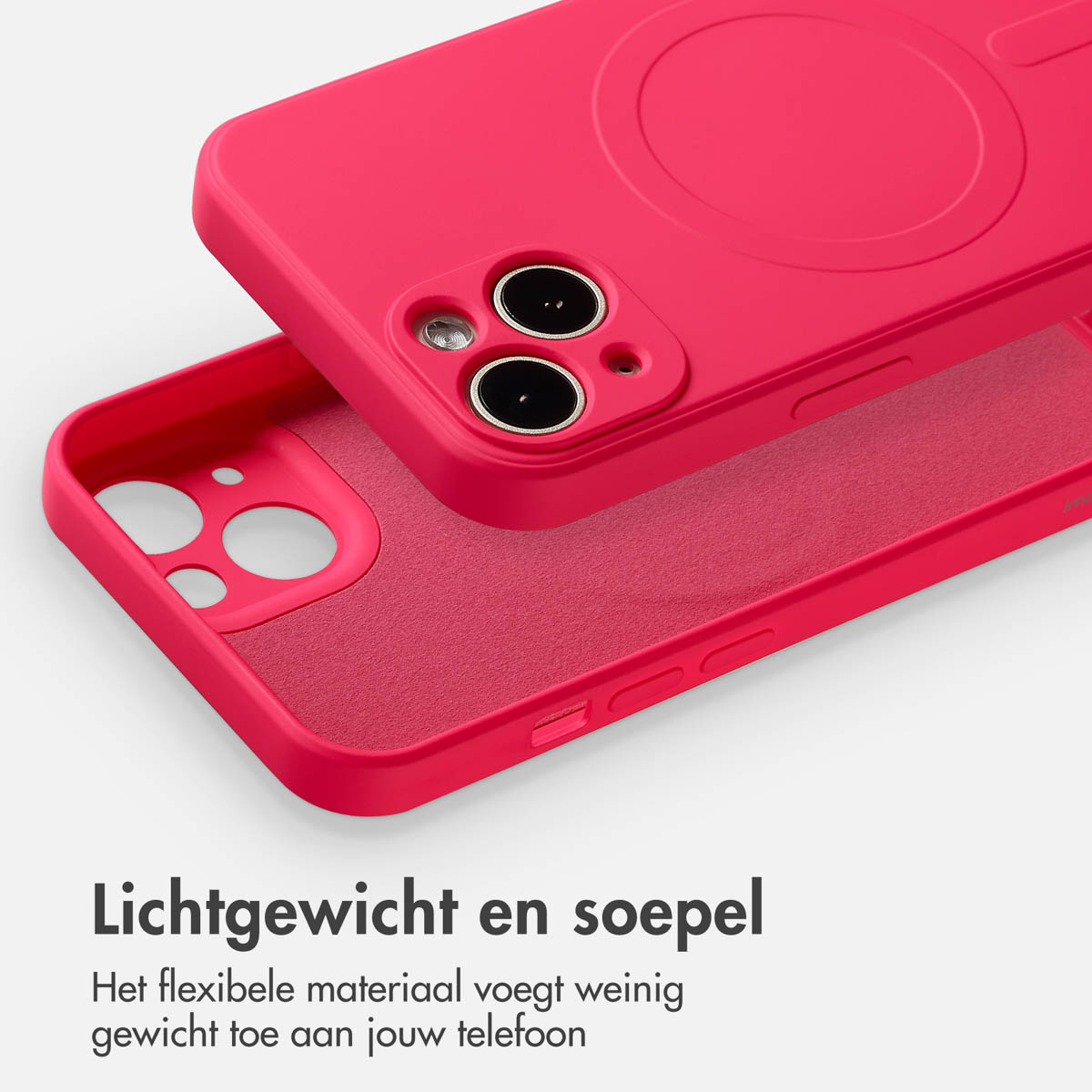 Deux parties d'une coque de téléphone rose. La partie supérieure a des trous pour l'appareil photo. La partie inférieure est texturée. Le texte dit 'Léger et souple'.